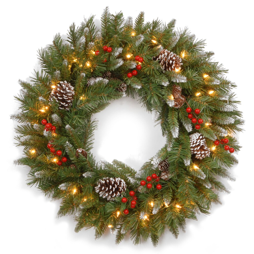 National Tree Company 30 in. Frosted Berry Wreath with 100 Clear Lights-UL