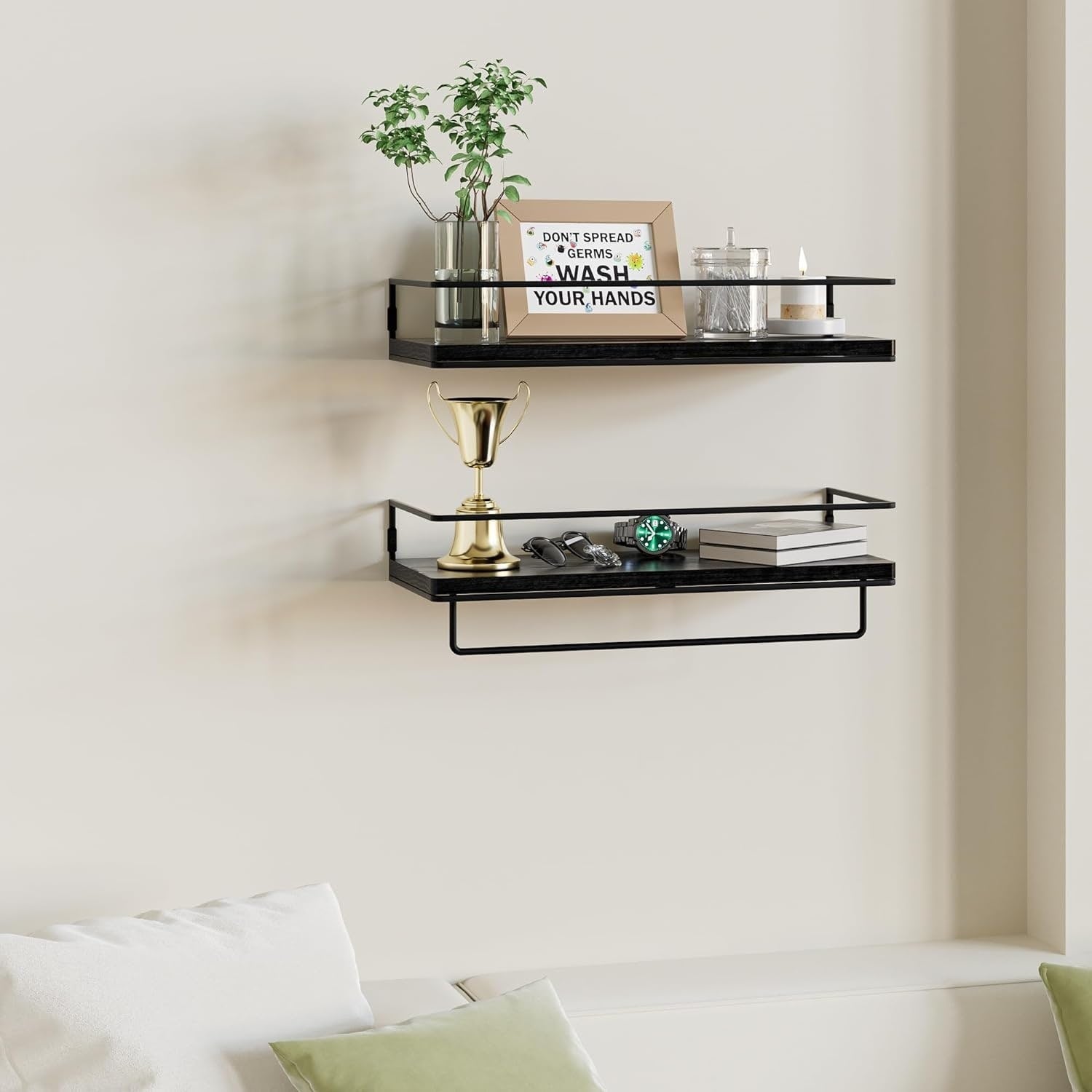 Wall Mounted Floating Shelves with Metal Frame and Towel Rack, Set of 2