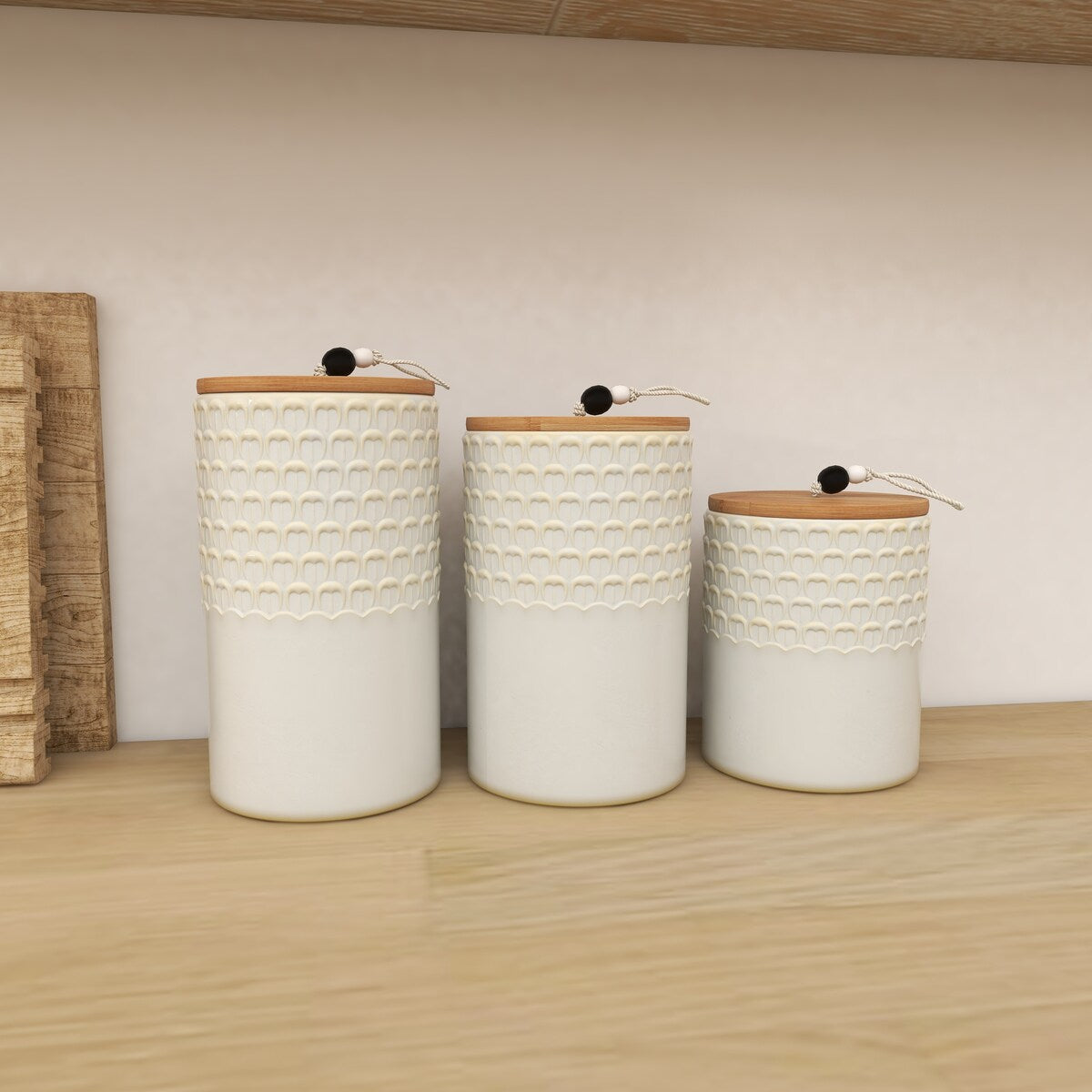 Ceramic Textured Living Room Decorative Jars with Wood Lids and Beaded Accents - Set of 3 White - Roche River Decor