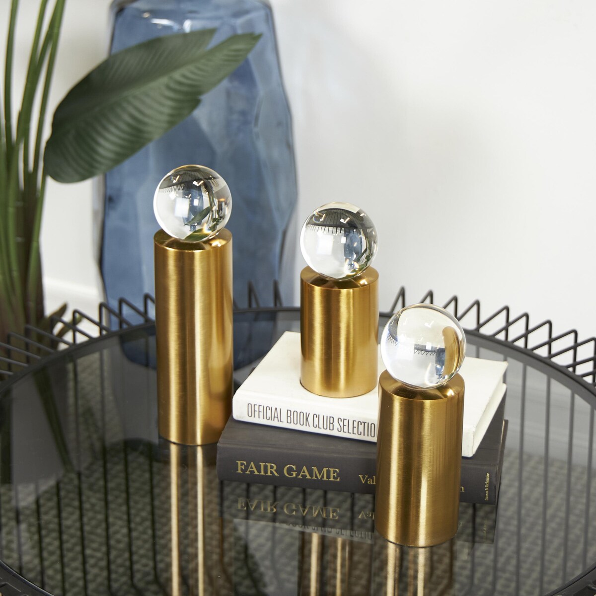 Metal Geometric Cylinder Post Decorative Sculpture with Clear Glass Orbs - Set of 3 Gold - Roche River Decor