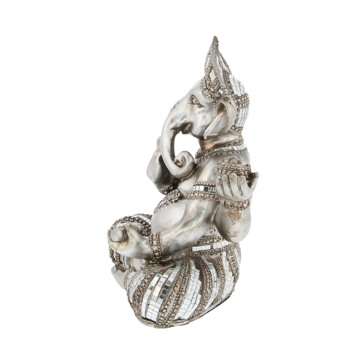 Polystone Ganesh Meditating Decorative Sculpture with Engraved Carvings and Relief Detailing - Silver - Roche River Decor