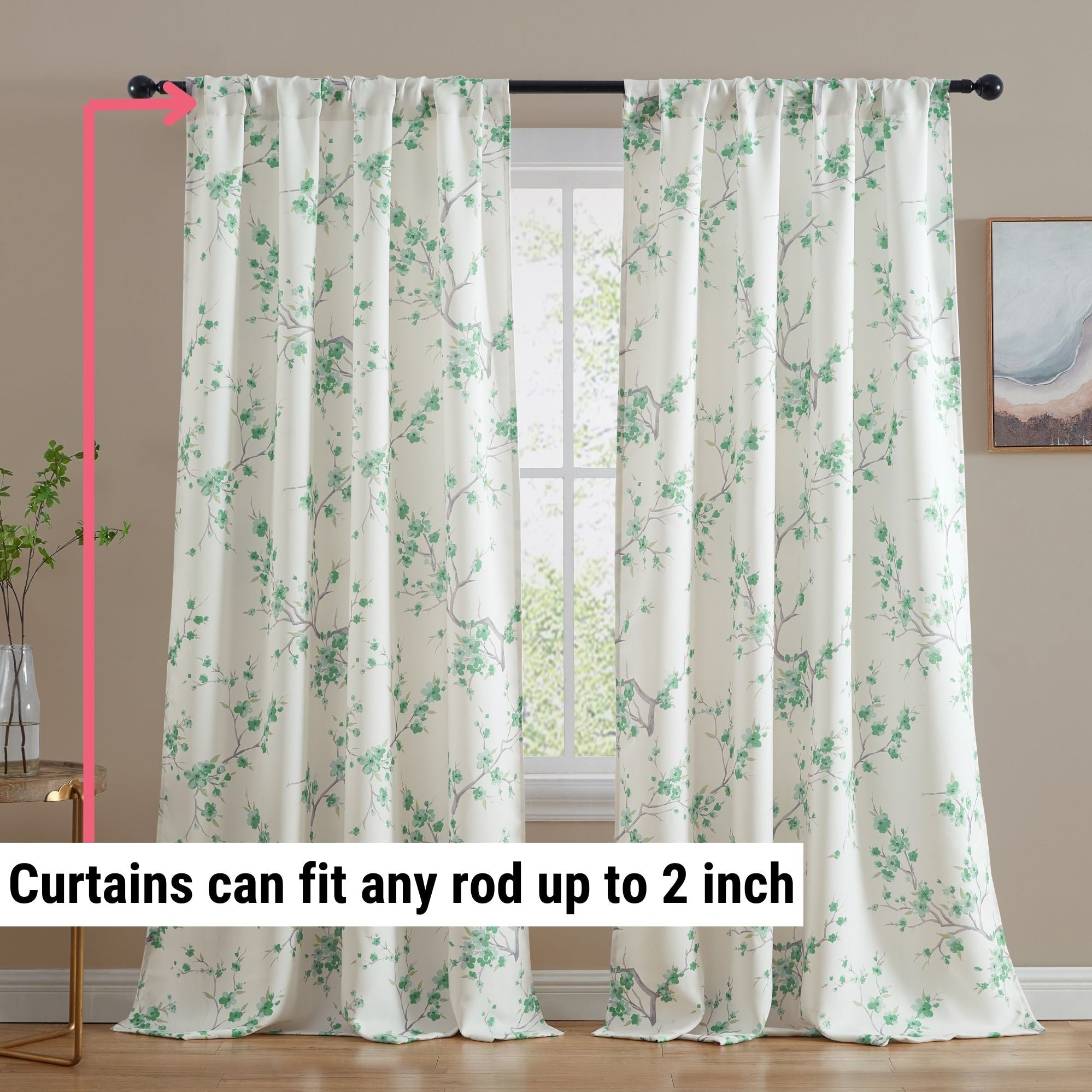 HLC.me Jasmine Floral Light Blocking Curtain Rod Pocket Pole Top Panels - Set of 2