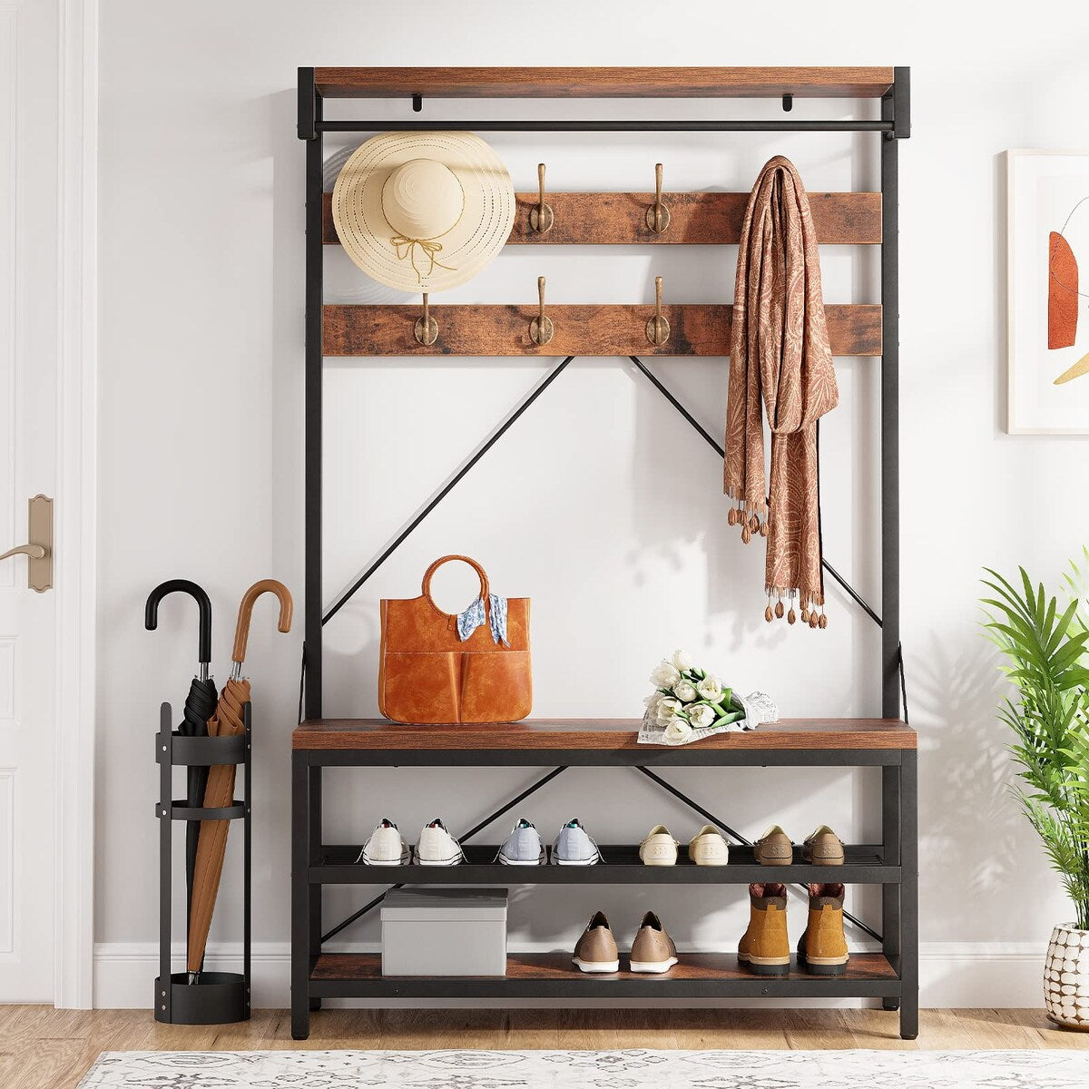 Industrial Entryway Coat Rack with Shoe Bench 3-in-1 Functional Hall Tree