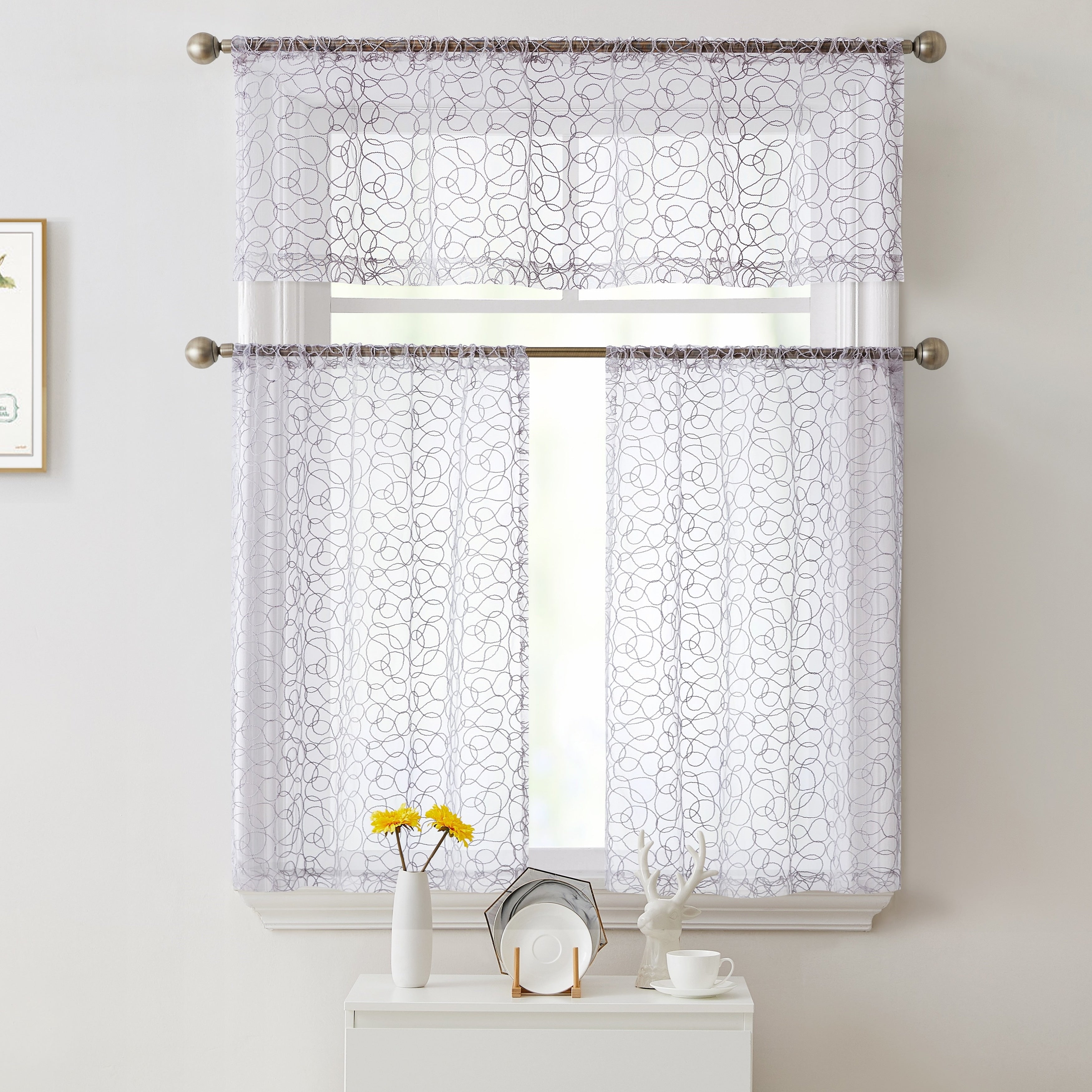 HLC.me Audrey Embroidered Sheer Voile Window Curtain Short Rod Pocket Tiers Valance Kitchen, Small Windows and Bathroom