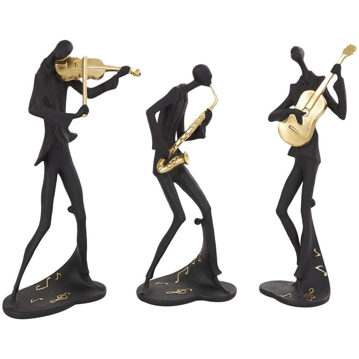 Polystone Musician Abstract Decorative Sculpture with Gold Instruments and Music Notes - Set of 3 Black - Roche River Decor