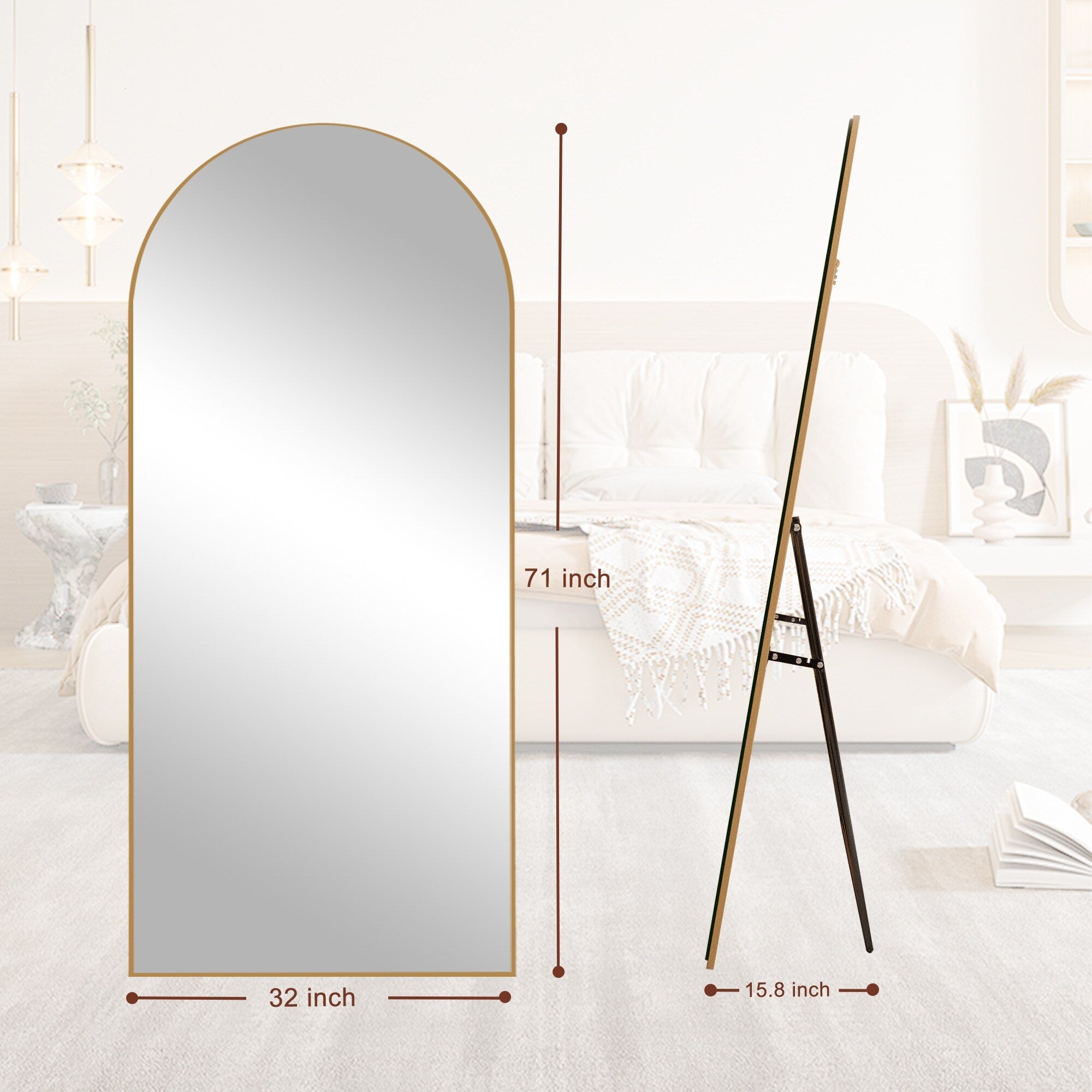 Classic Wood Arched Full Length Mirror with Stand, Floor Mirror