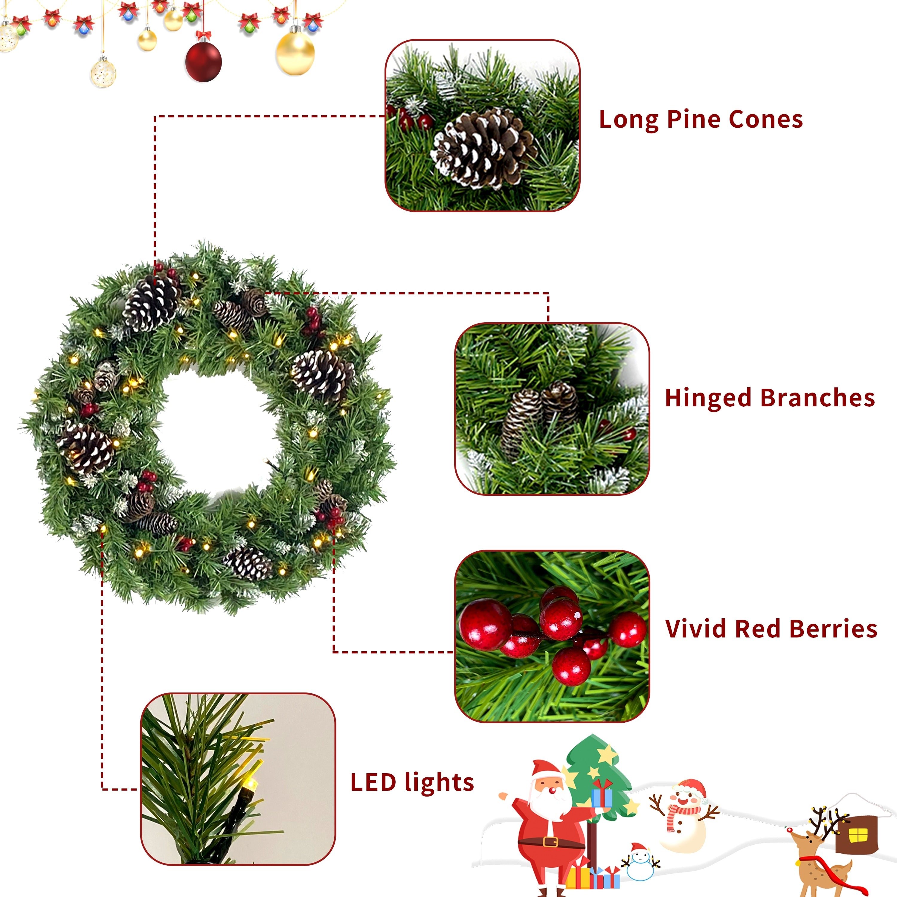 Artificial Christmas 4-Piece Set,Garland, Wreath and Set of 2 Entrance Trees X-mas with LED Lights, Christmas Tree