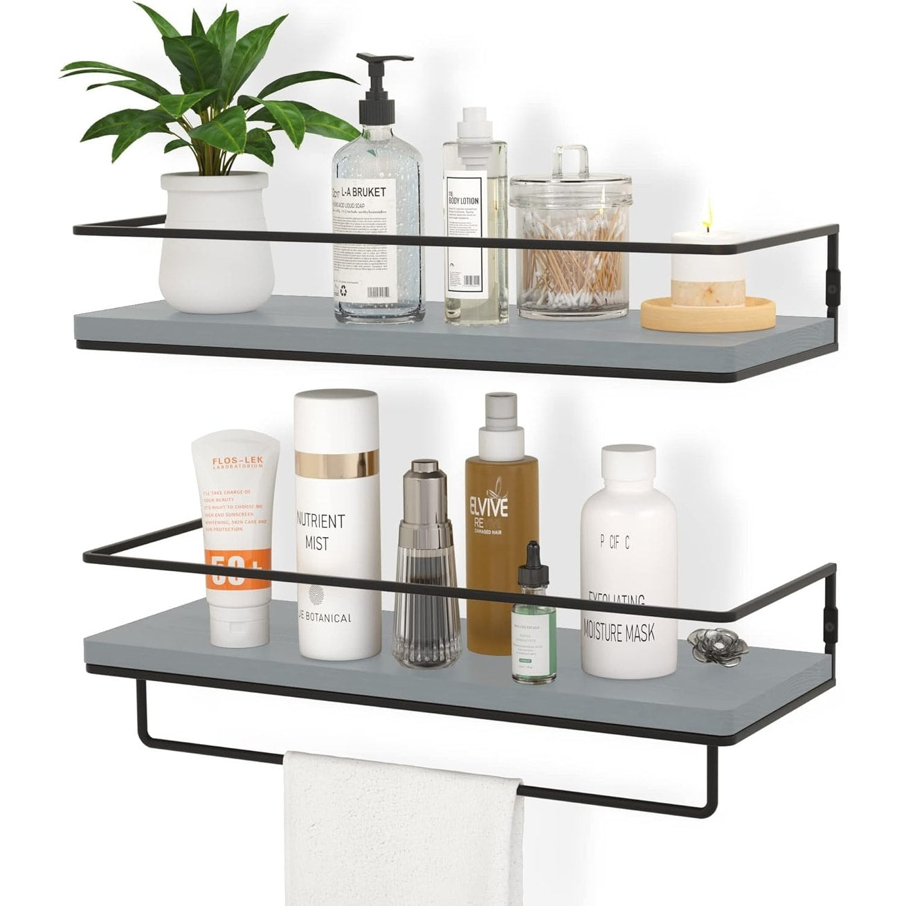 Wall Mounted Floating Shelves with Metal Frame and Towel Rack, Set of 2