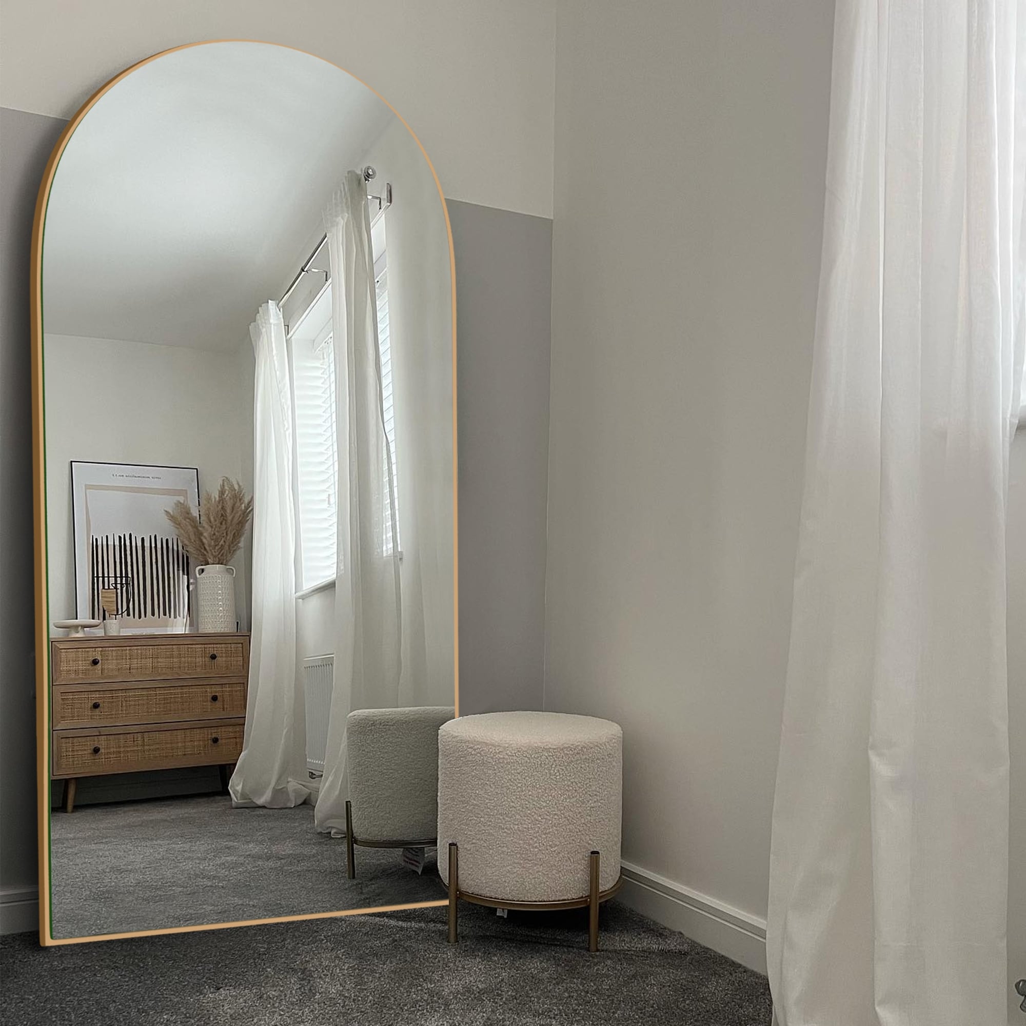 Classic Wood Arched Full Length Mirror with Stand, Floor Mirror