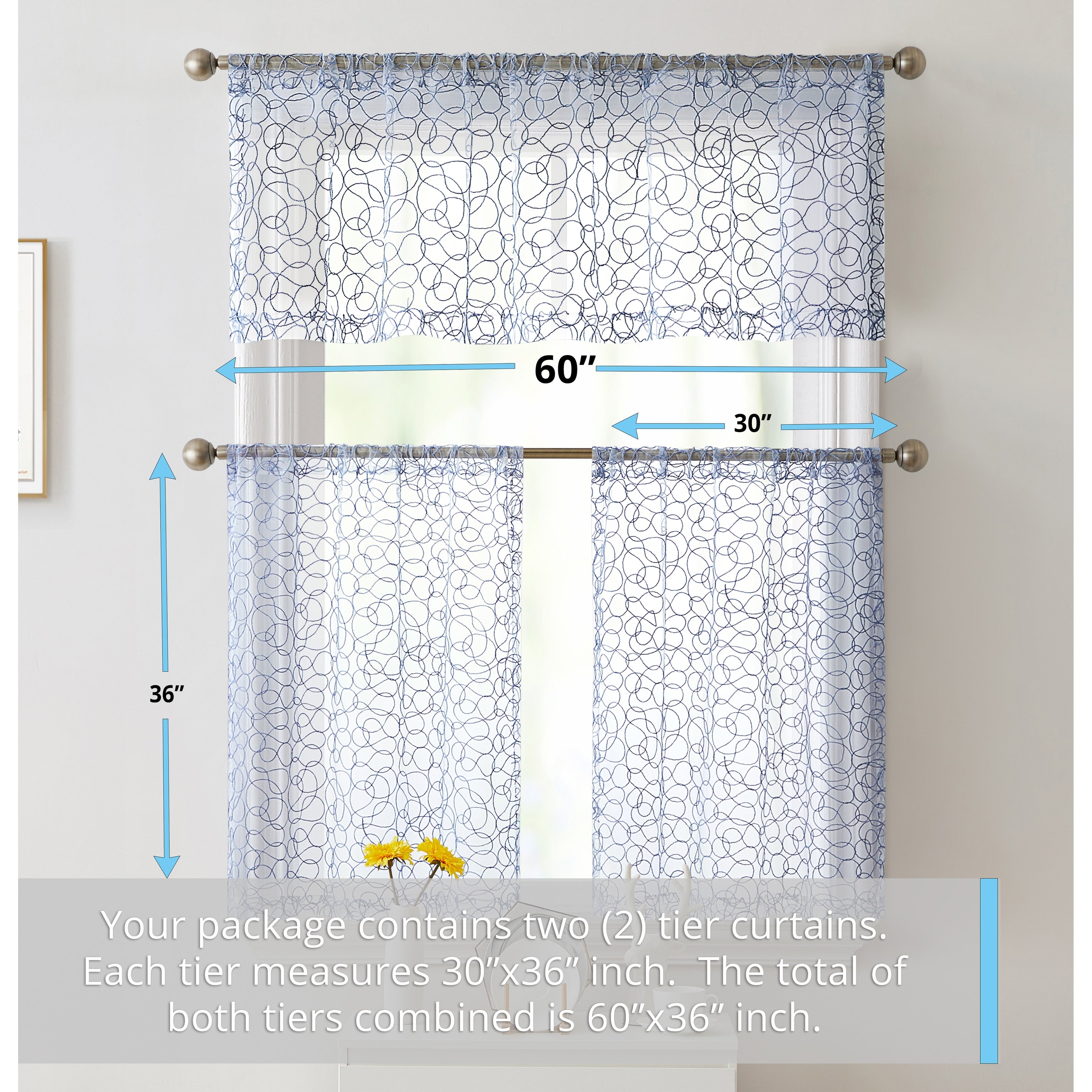 HLC.me Audrey Embroidered Sheer Voile Window Curtain Short Rod Pocket Tiers Valance Kitchen, Small Windows and Bathroom