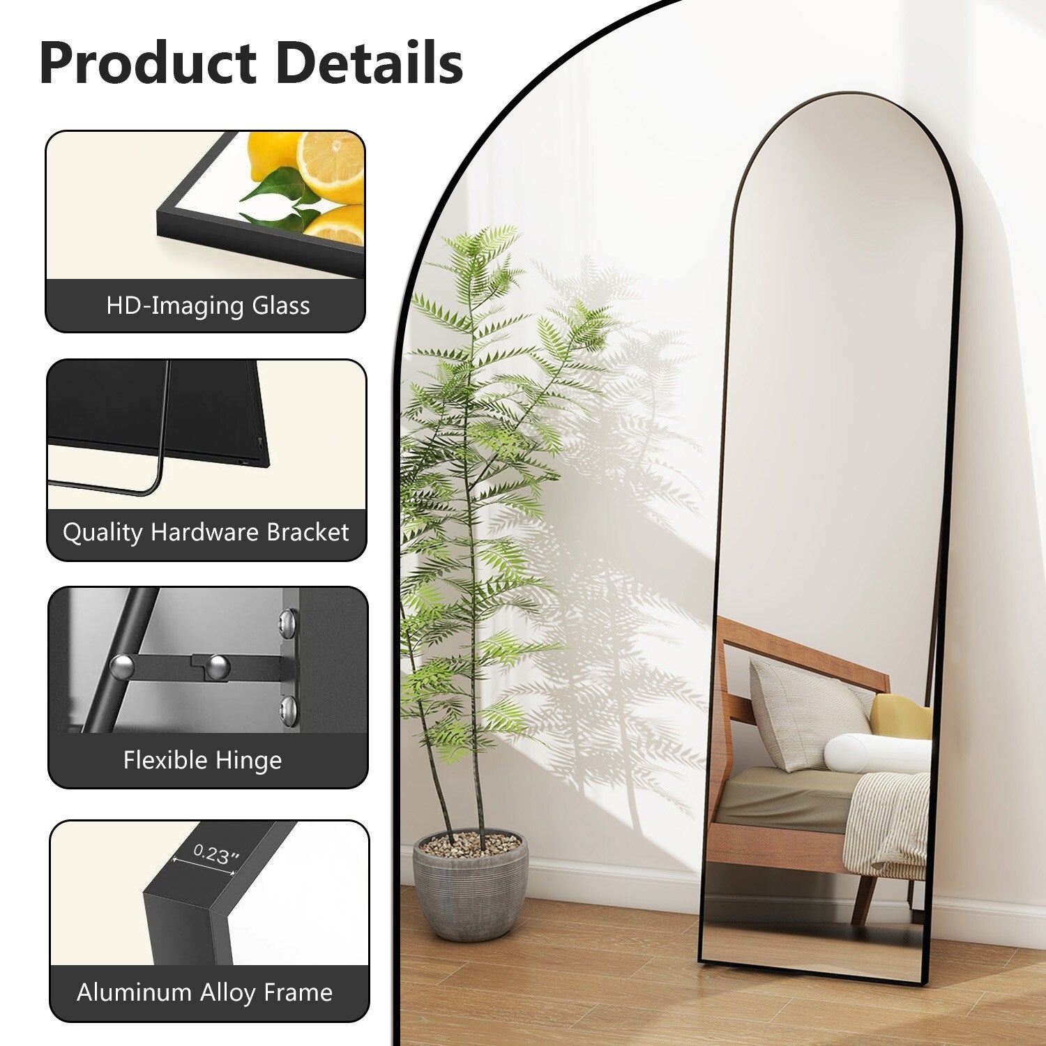 Full Length Arched Mirror with Shatter-Proof Glass & with Stand Aluminum Alloy Frame for Bedroom Cloakroom, Floor Standing