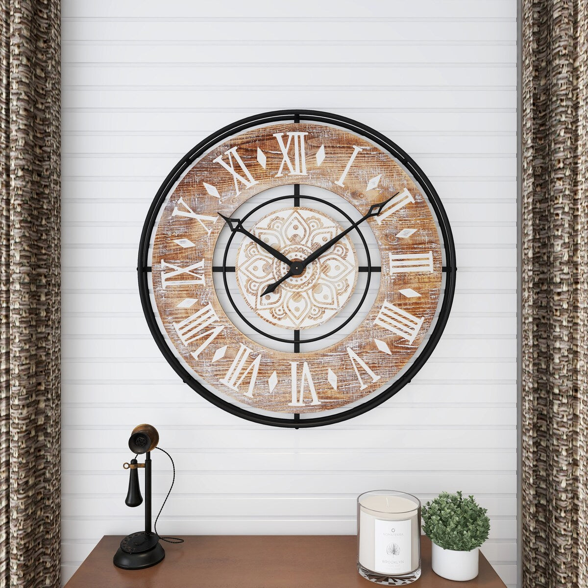 Metal Decorative Wall Clock with Wood Accents - Brown - Roche River Decor