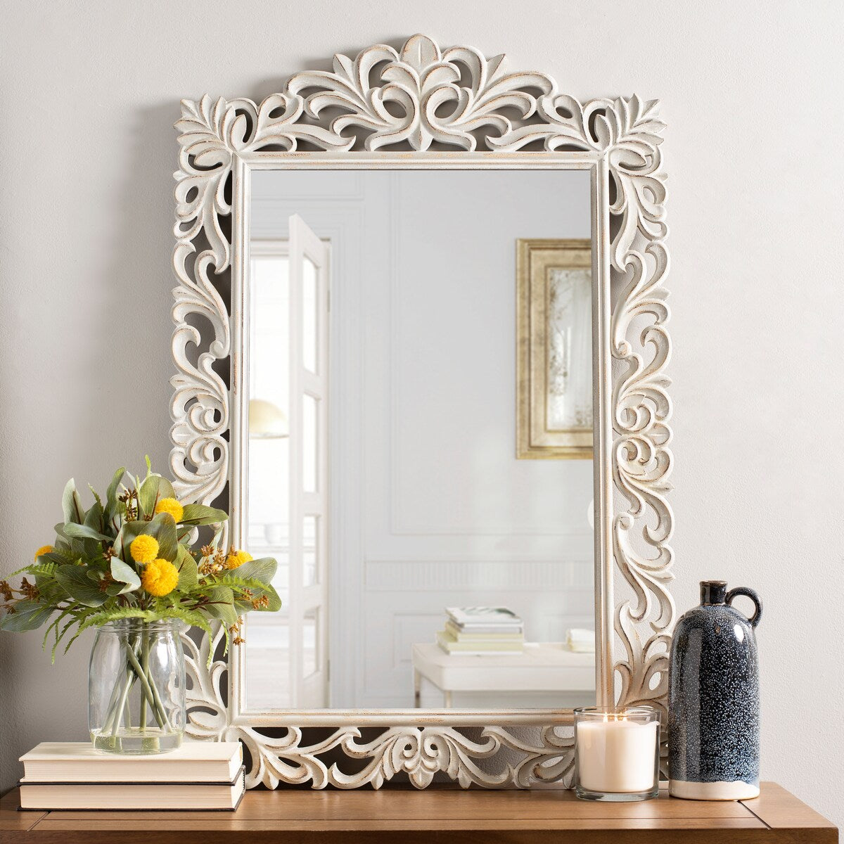 Distressed Gray Carved Ornate Scroll Mirror