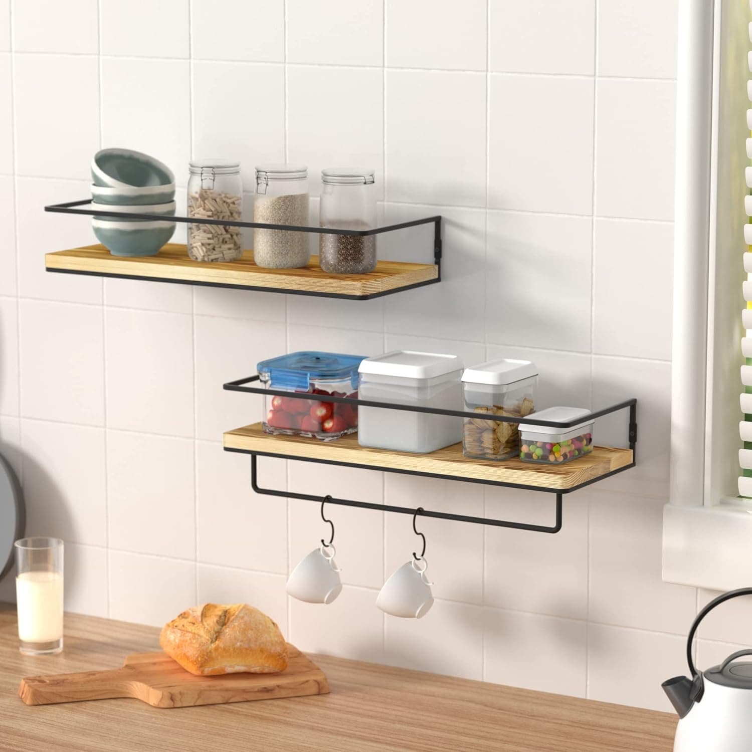 Wall Mounted Floating Shelves with Metal Frame and Towel Rack, Set of 2