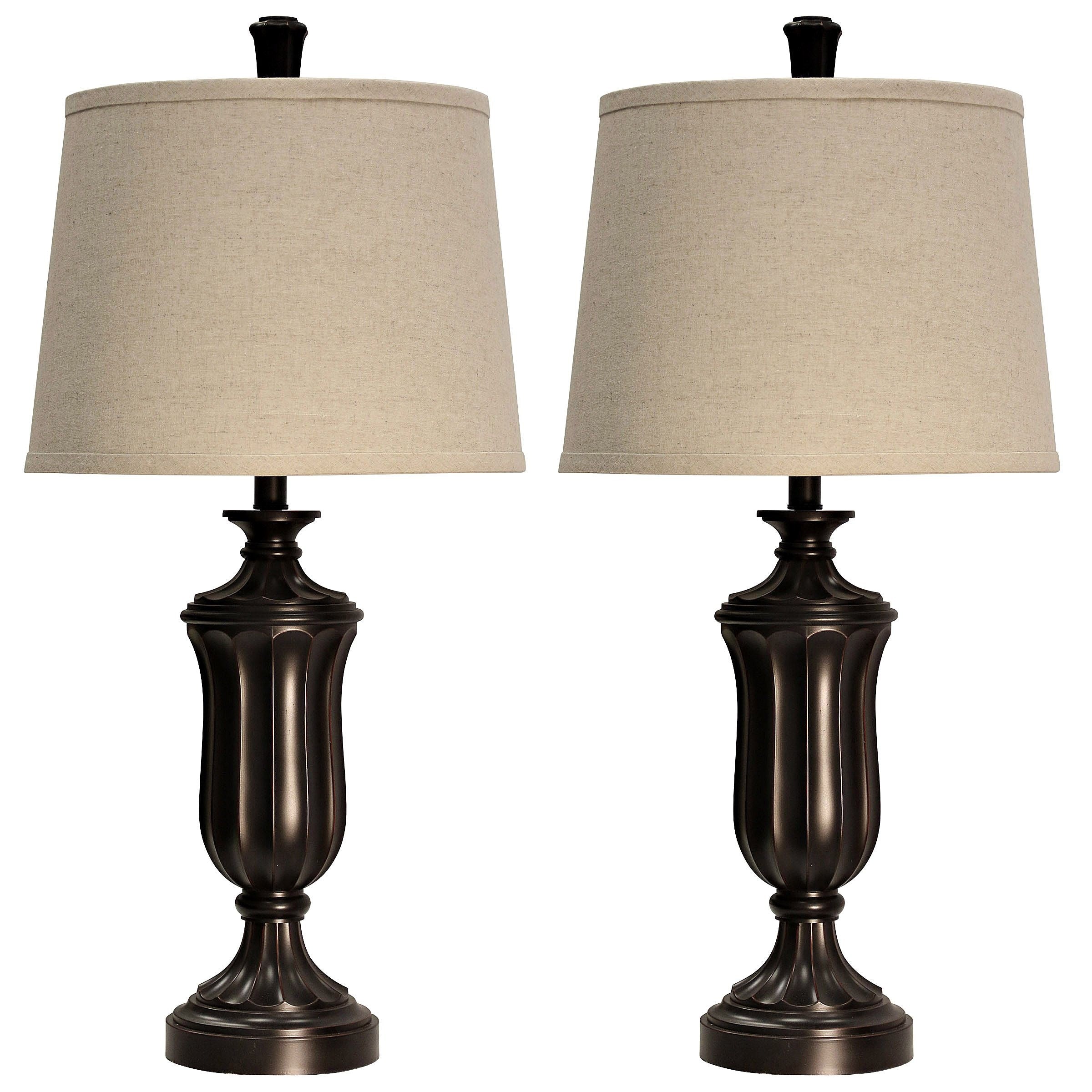 StyleCraft Bronze Wood Table Lamp - Beige Hardback Fabric Shade (Set of 2)