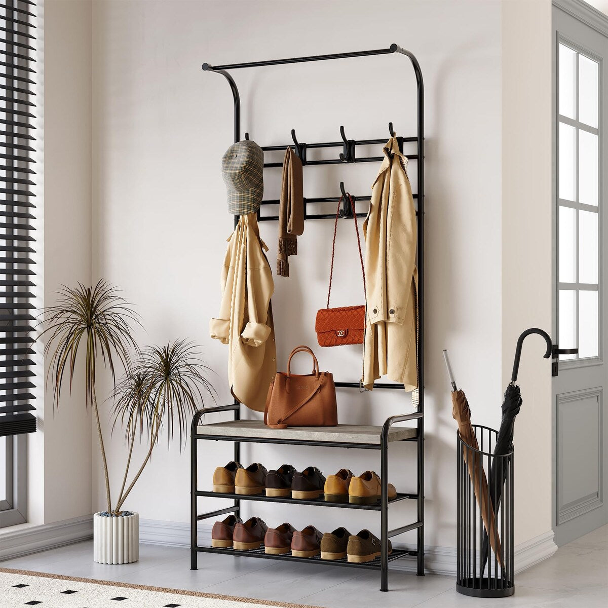 Industrial Entryway Coat Rack with Shoe Bench 3-in-1 Functional Hall Tree