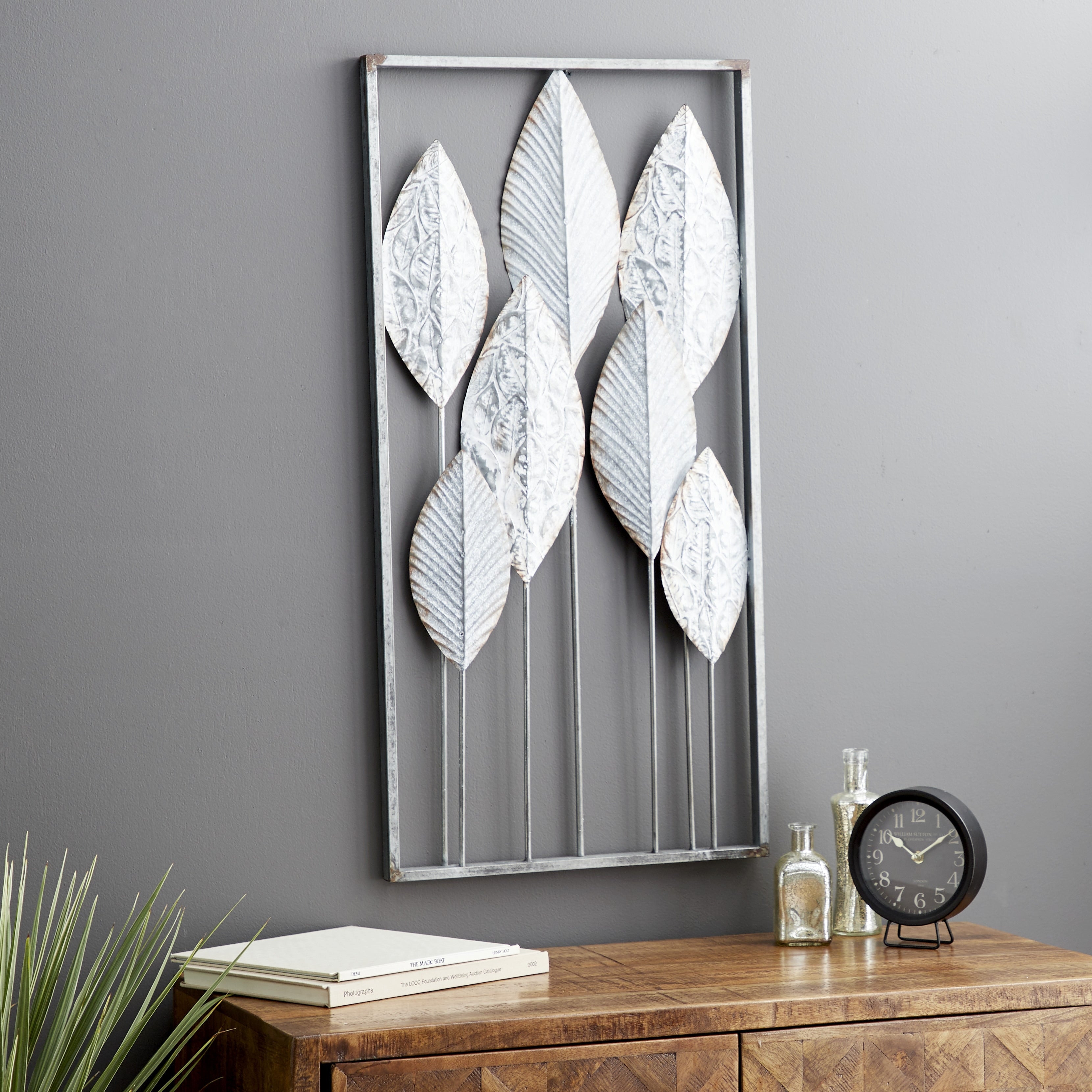 Contemporary Metal Tall Cut-Out Leaf Wall Decor with Intricate Laser Cut Designs - Bronze, Gray, Brass