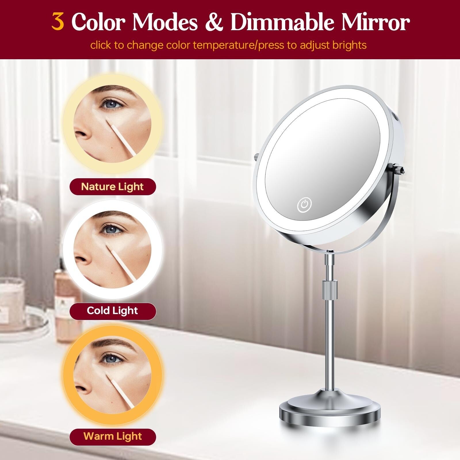 9 LED Lighted Makeup Mirror,Double Sided Magnification Mirror with 1X/10x Magnification,3 Lighting Color