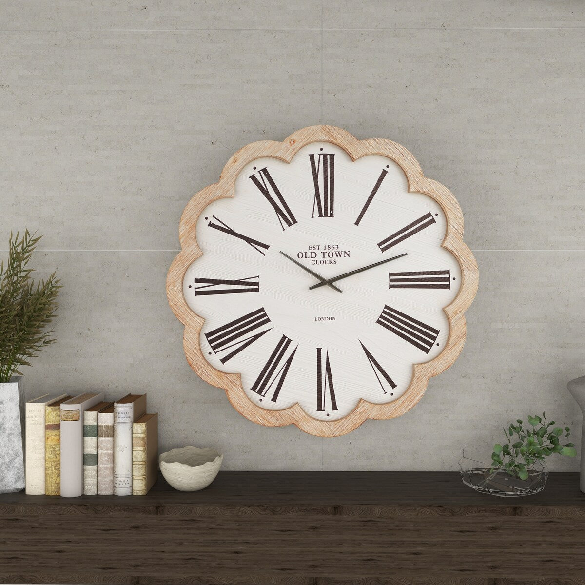 Wood Floral Shaped Decorative Wall Clock with Brown Scalloped Frame - White - Roche River Decor