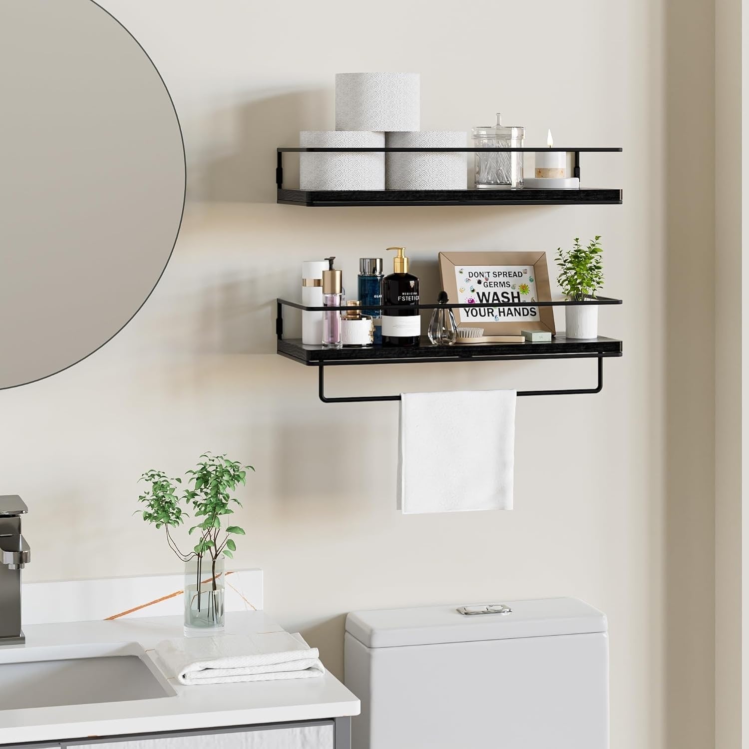 Wall Mounted Floating Shelves with Metal Frame and Towel Rack, Set of 2