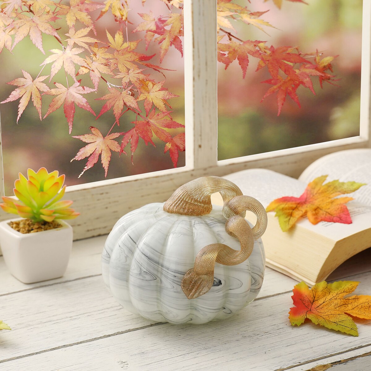 Glitzhome Fall Harvest Gray Marble Handblown Glass Pumpkins for Thanksgiving Decor