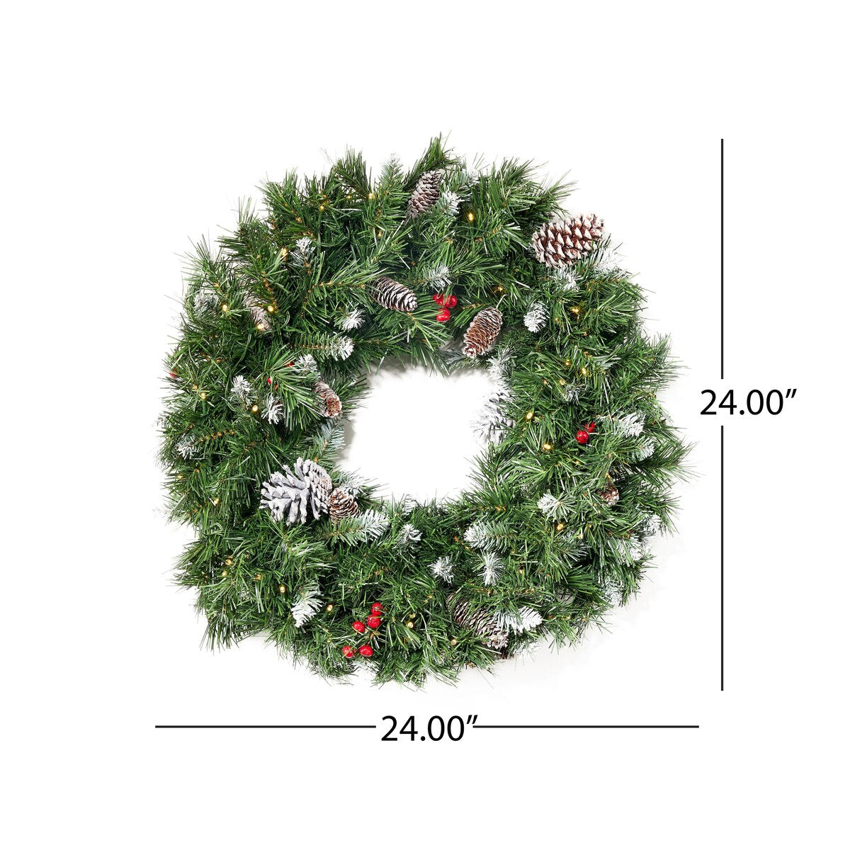 24''Mixed Frosted Wreath With With 16 Pine Cones And 8 Red Berry And 50 Warm White Led Lights - As Picture Show