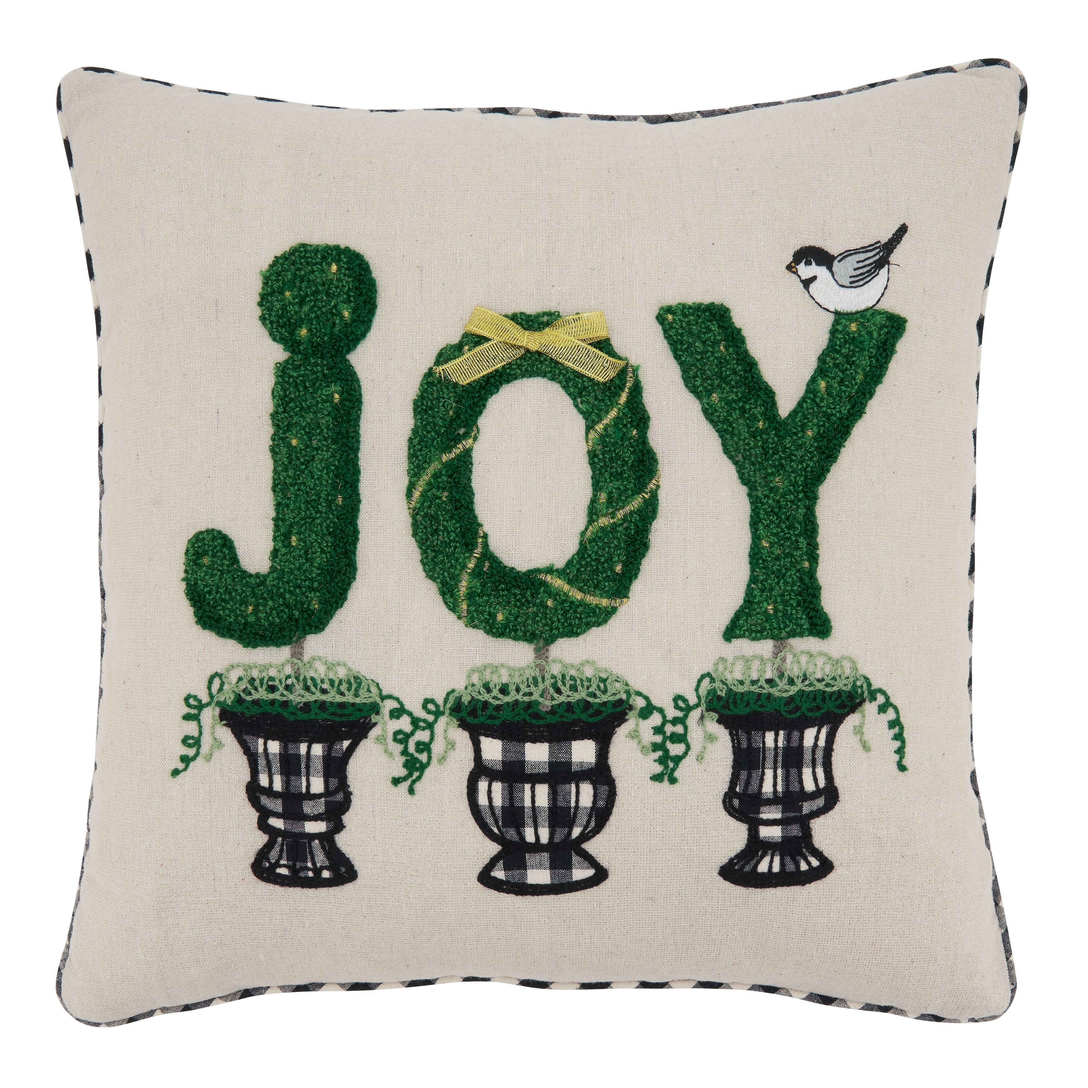 Throw Pillow With Topiary Joy Design