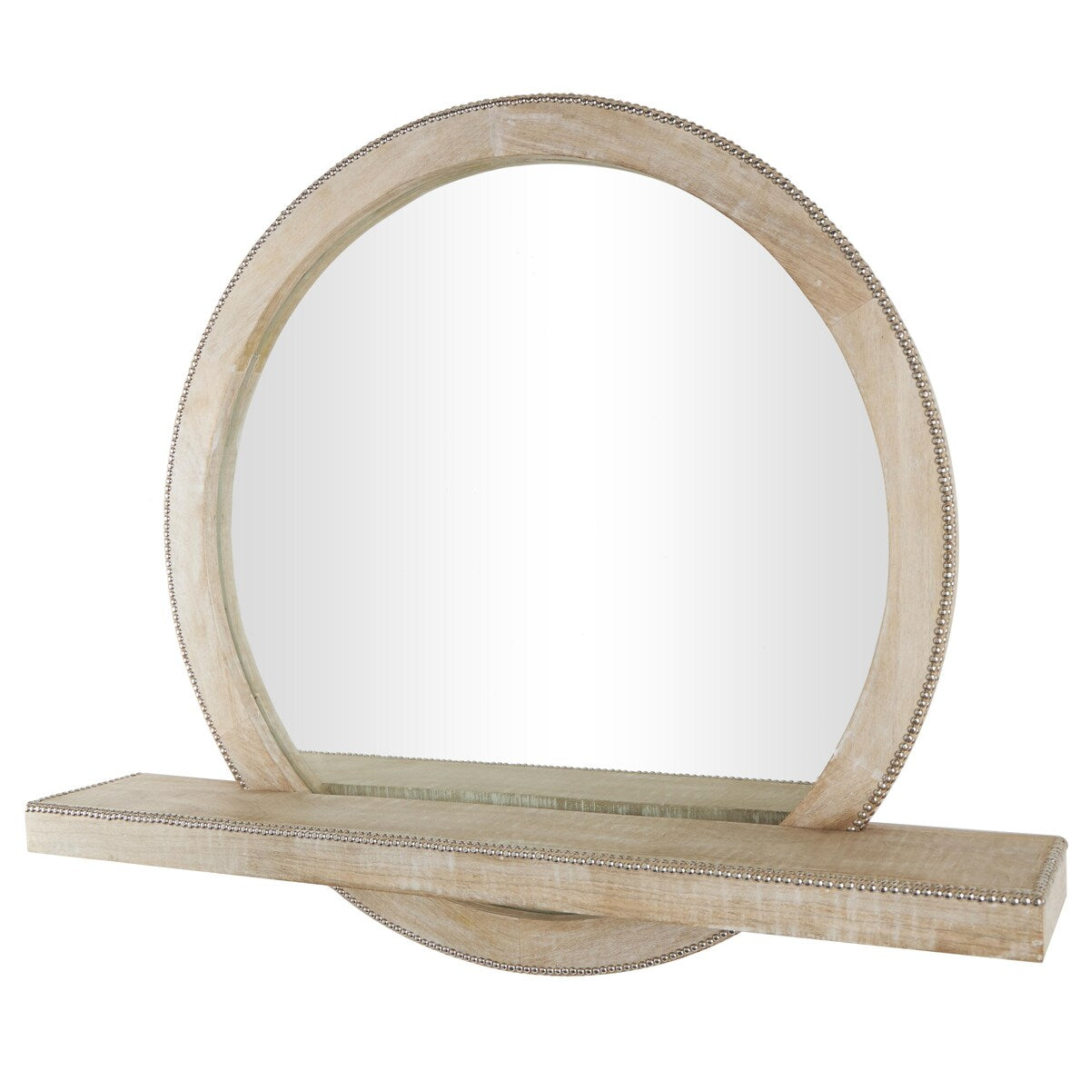 Mango Wood 1 Shelf Room Wall Mirror with Silver Beaded Outline - Light Brown - Roche River Decor