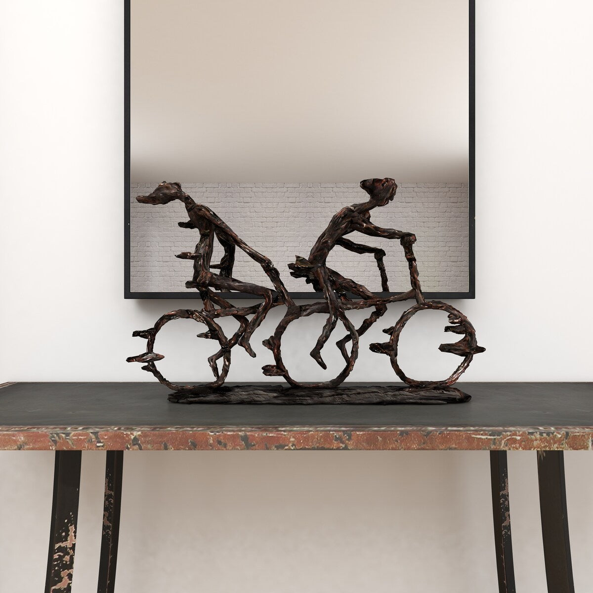 Polystone People Bicycling Decorative Sculpture with Copper Texturing - Bronze - Roche River Decor