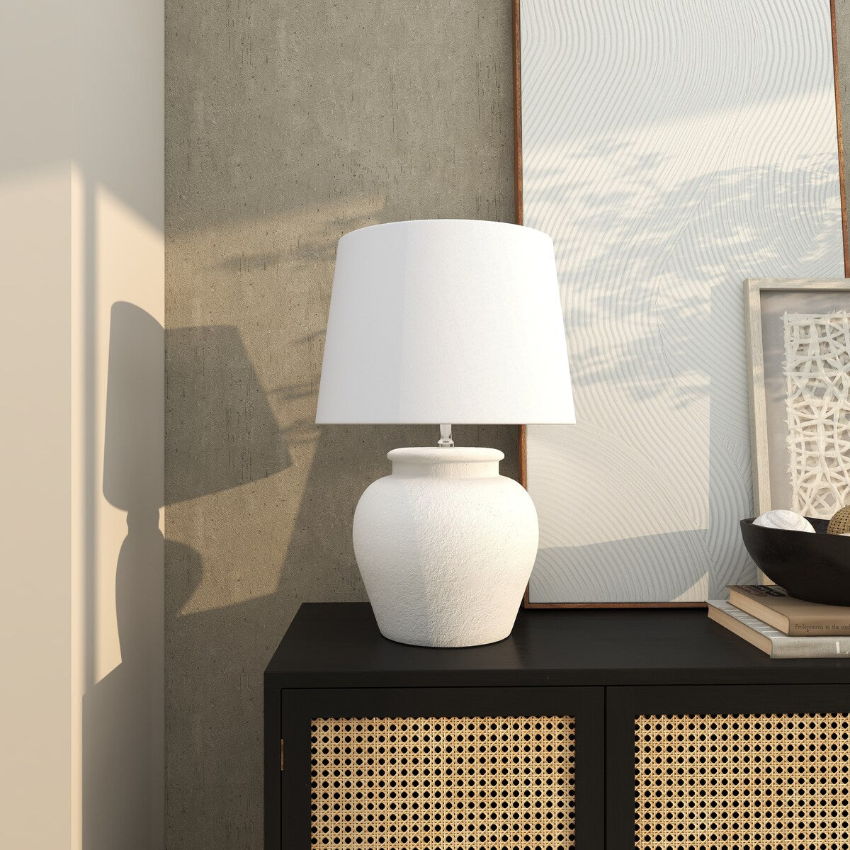 Cement Stone Pot Inspired Room Table Lamp with Textured Exterior - White - Roche River Decor