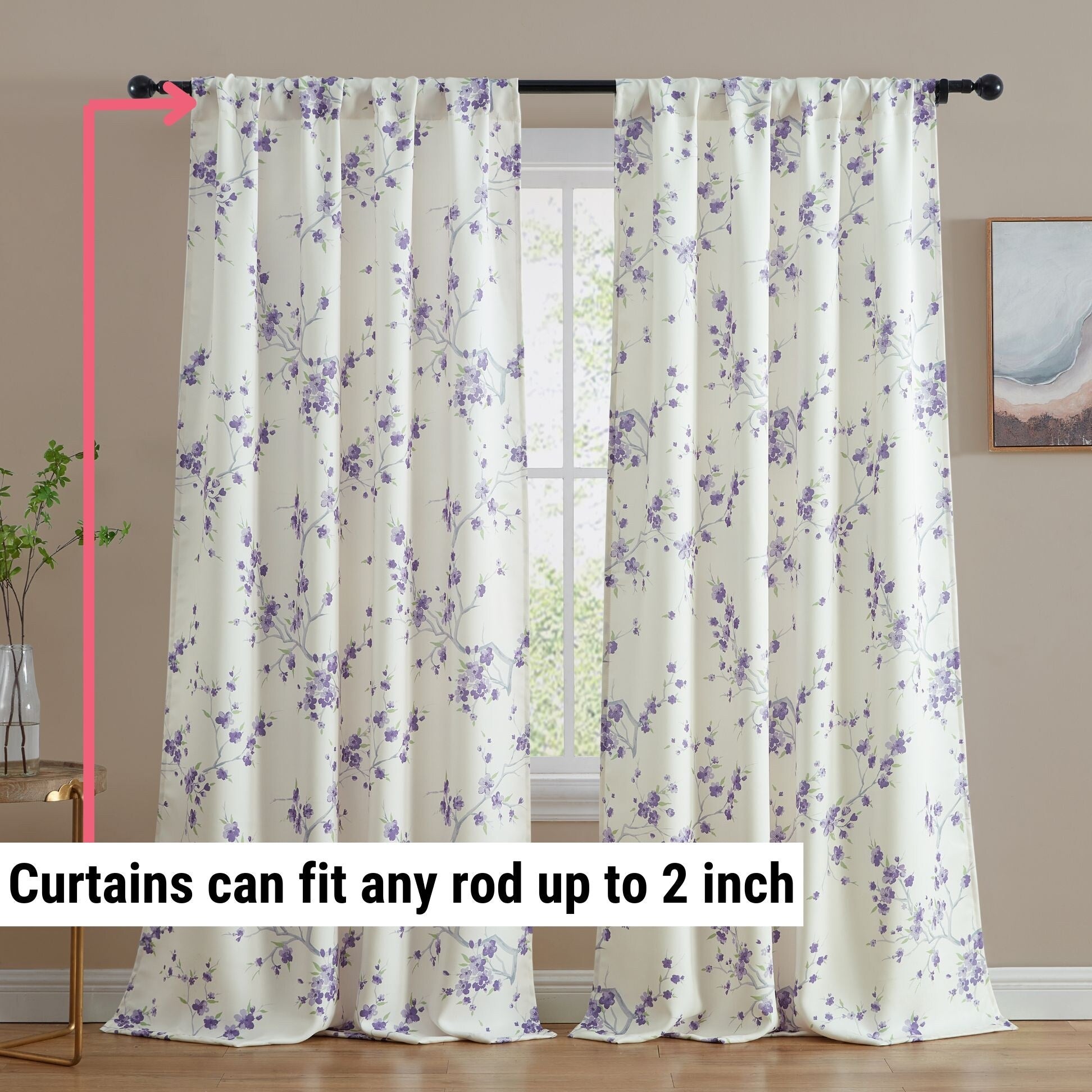 HLC.me Jasmine Floral Light Blocking Curtain Rod Pocket Pole Top Panels - Set of 2