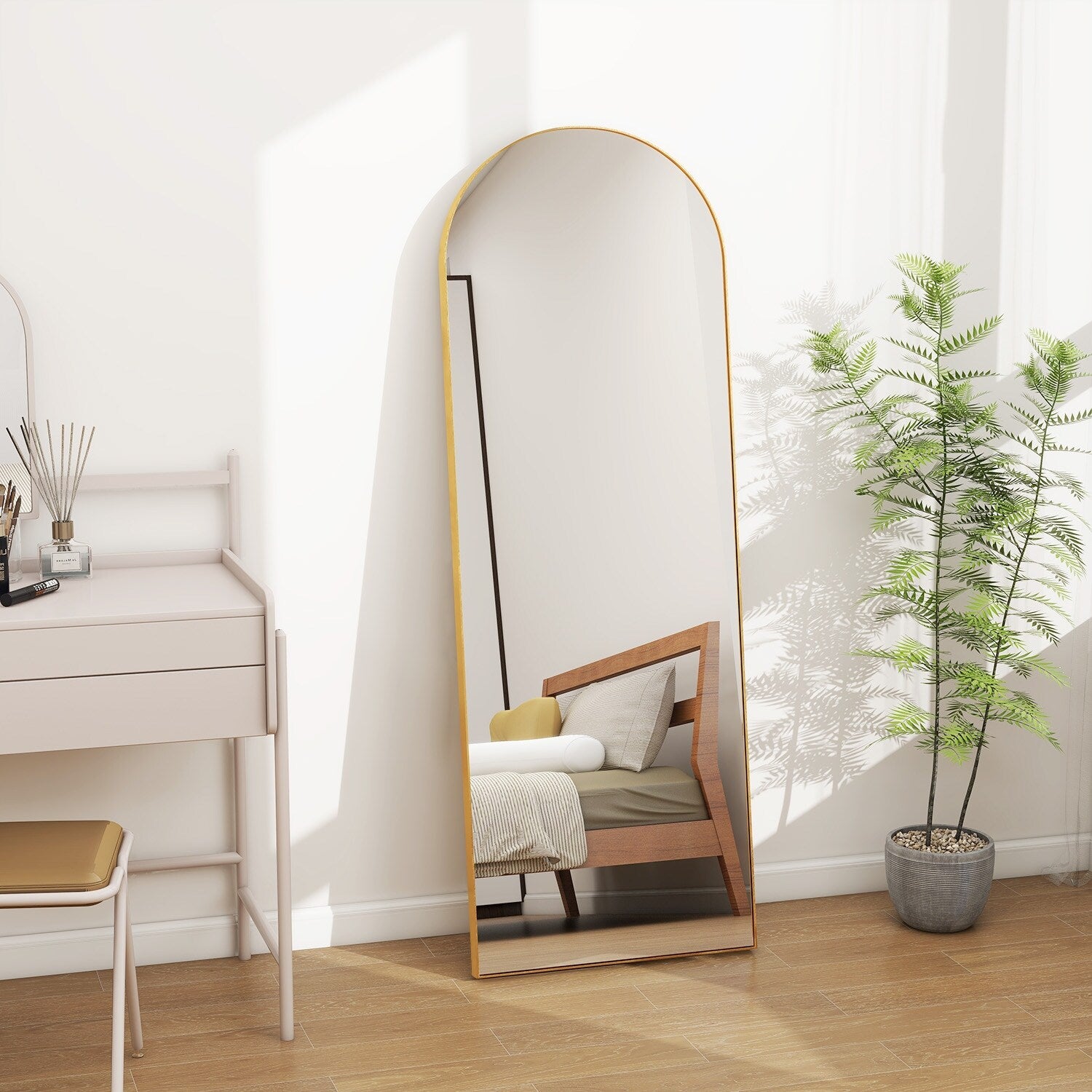 Full Length Arched Mirror with Shatter-Proof Glass & with Stand Aluminum Alloy Frame for Bedroom Cloakroom, Floor Standing