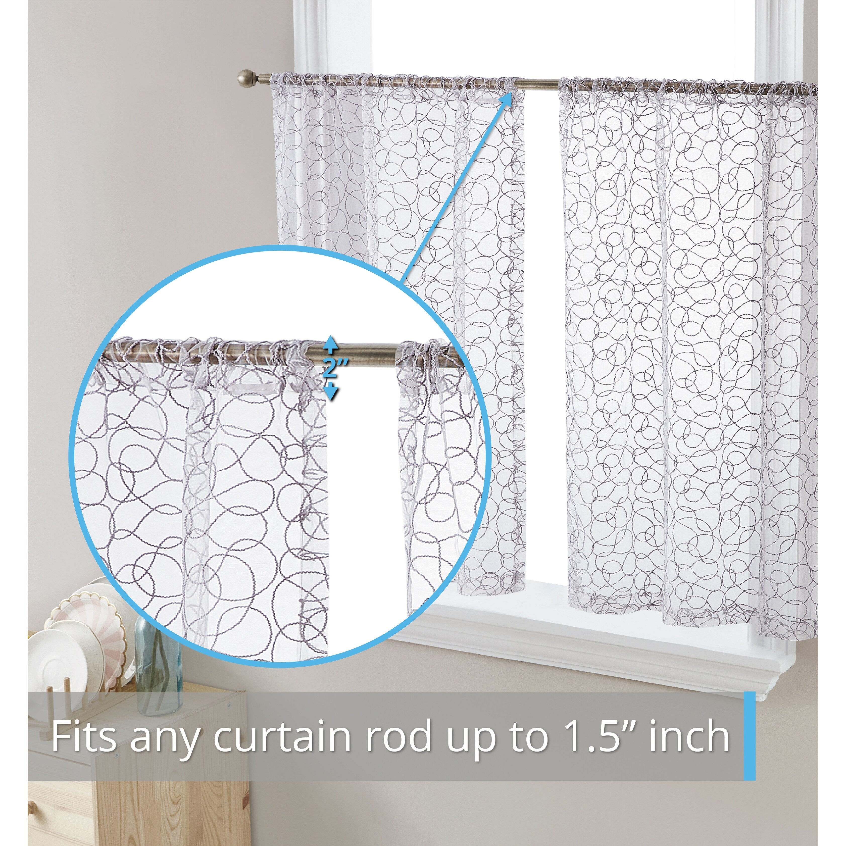 HLC.me Audrey Embroidered Sheer Voile Window Curtain Short Rod Pocket Tiers Valance Kitchen, Small Windows and Bathroom