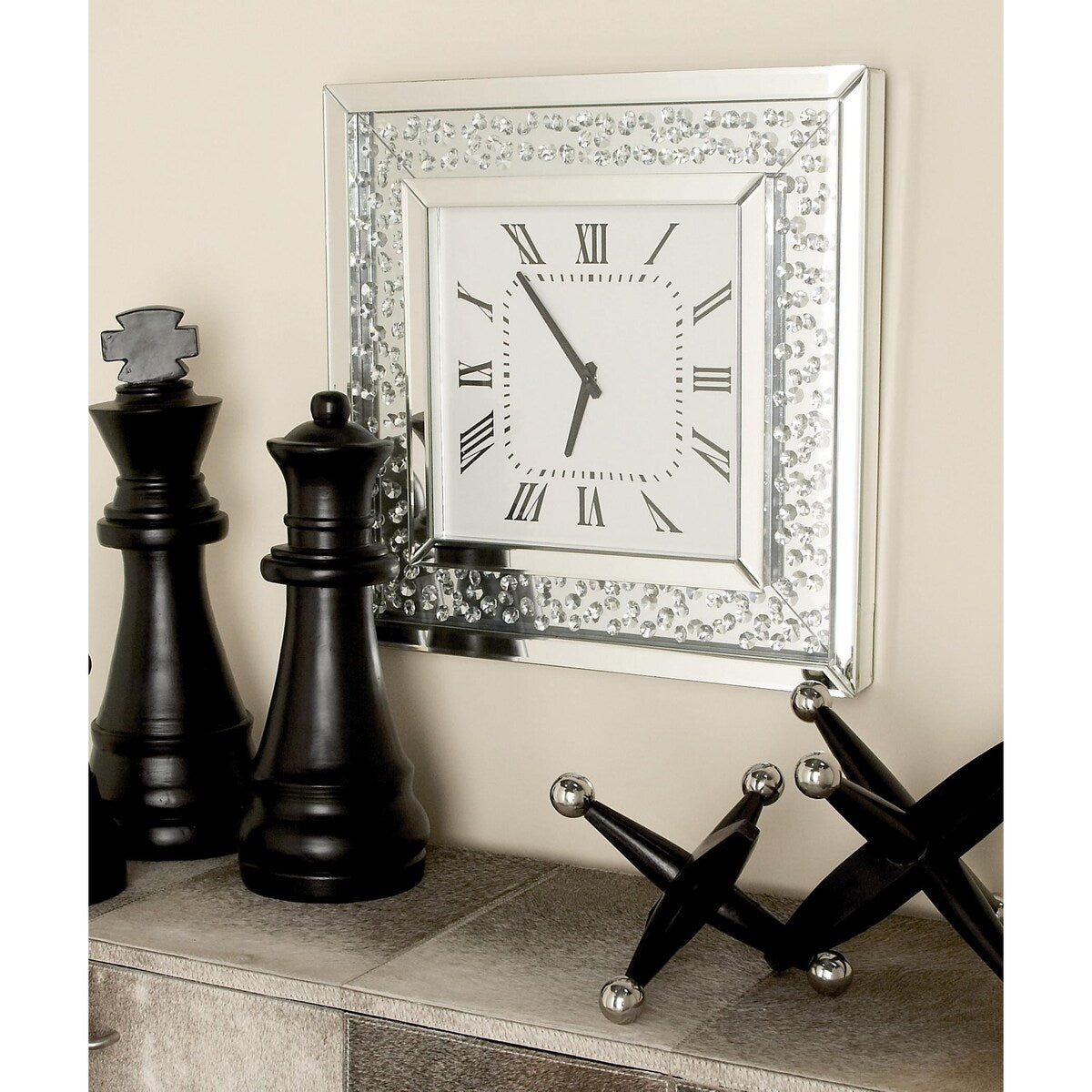 Wooden Mirrored Decorative Wall Clock with Floating Crystals - Silver - Roche River Decor