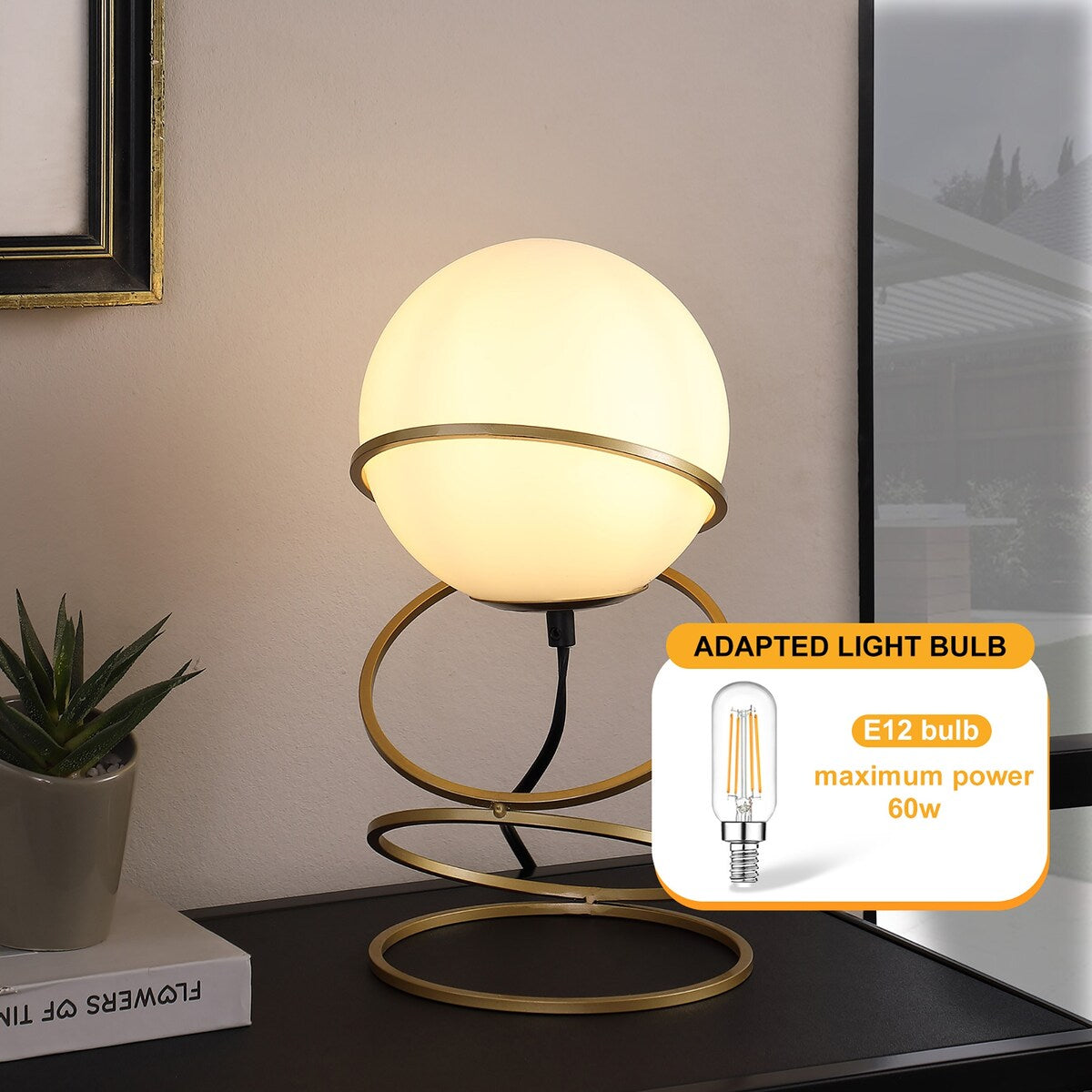 13.5 In. Matte Gold Globe Glass Metal Table Lamp