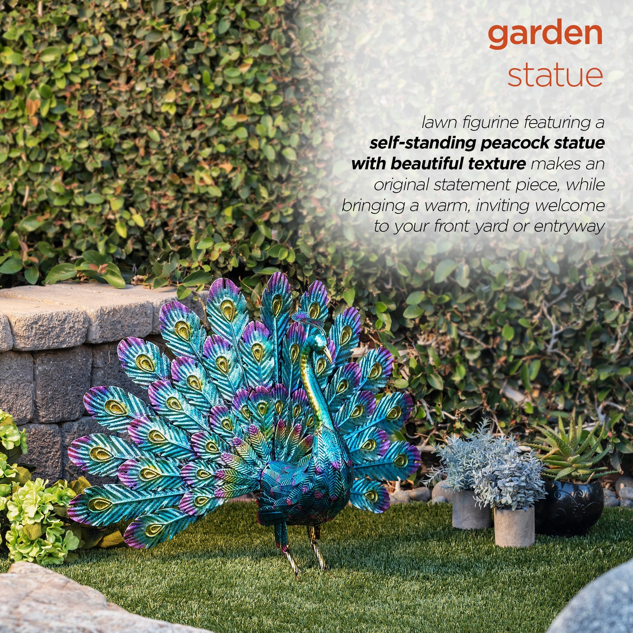 Alpine Corporation 23 Tall Outdoor Metallic Peacock Tail Spread Yard Statue Decoration, Multicolor