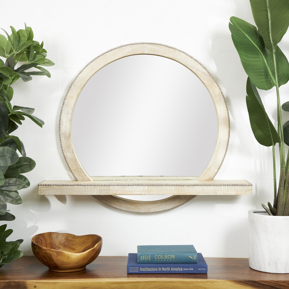 Mango Wood 1 Shelf Room Wall Mirror with Silver Beaded Outline - Light Brown - Roche River Decor