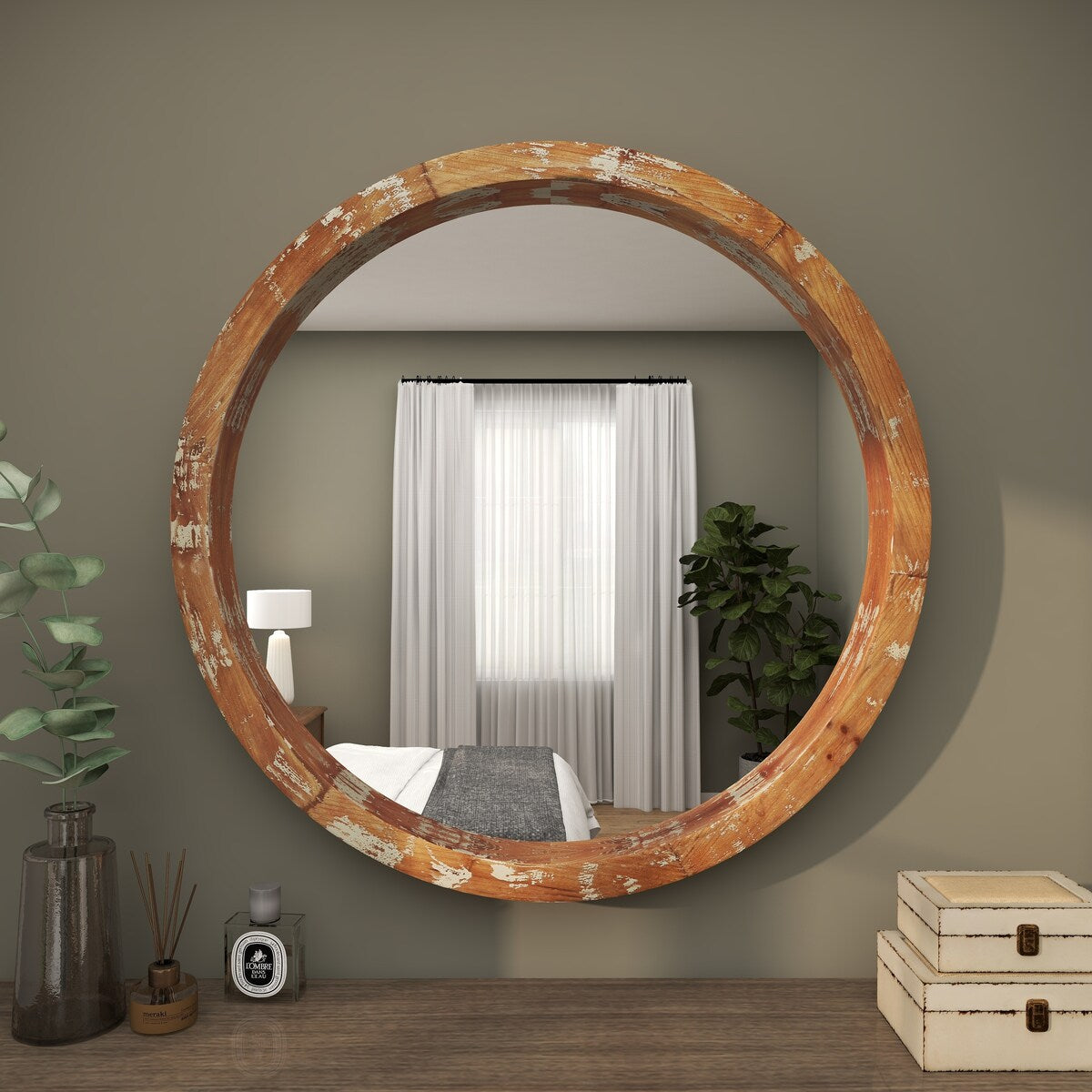 Wood Room Wall Mirror with Cream Distressing - Brown - Roche River Decor