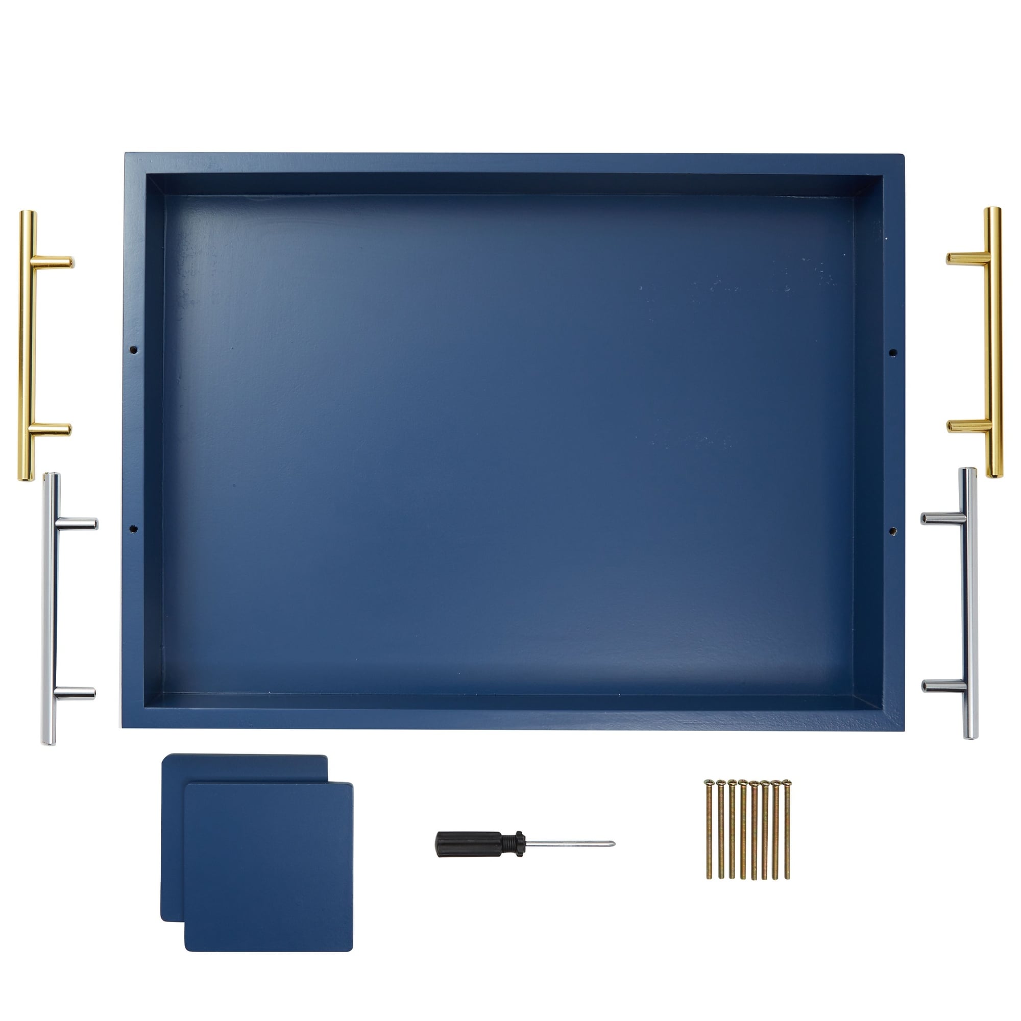 Blue Wooden Serving Tray 16 x 12 with Coasters for Coffee Table, Decorative Interchangeable Gold/ Silver Handles