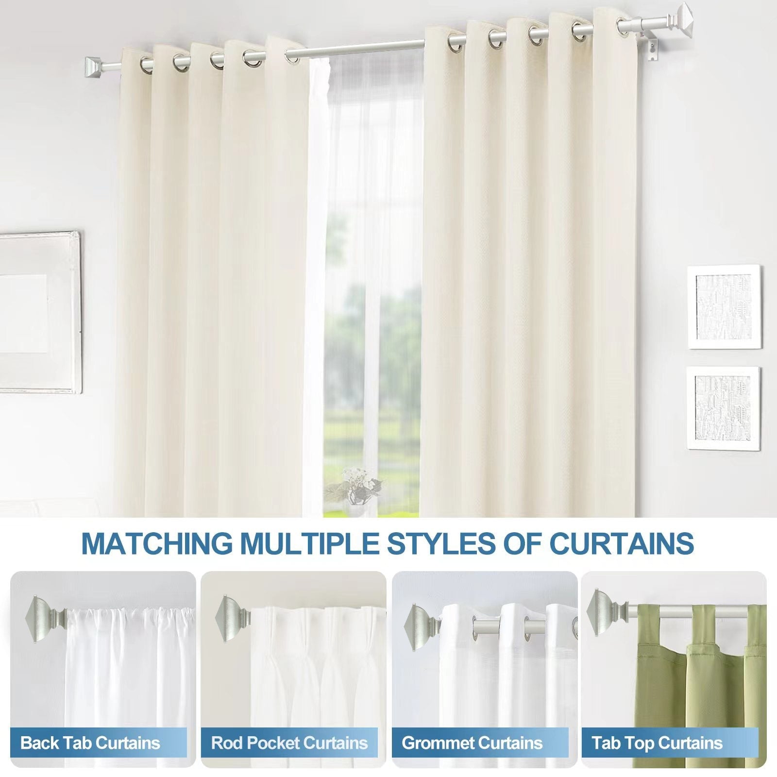 Modern Square Urn Adjustable Drapery Curtain Rod with Clip Rings