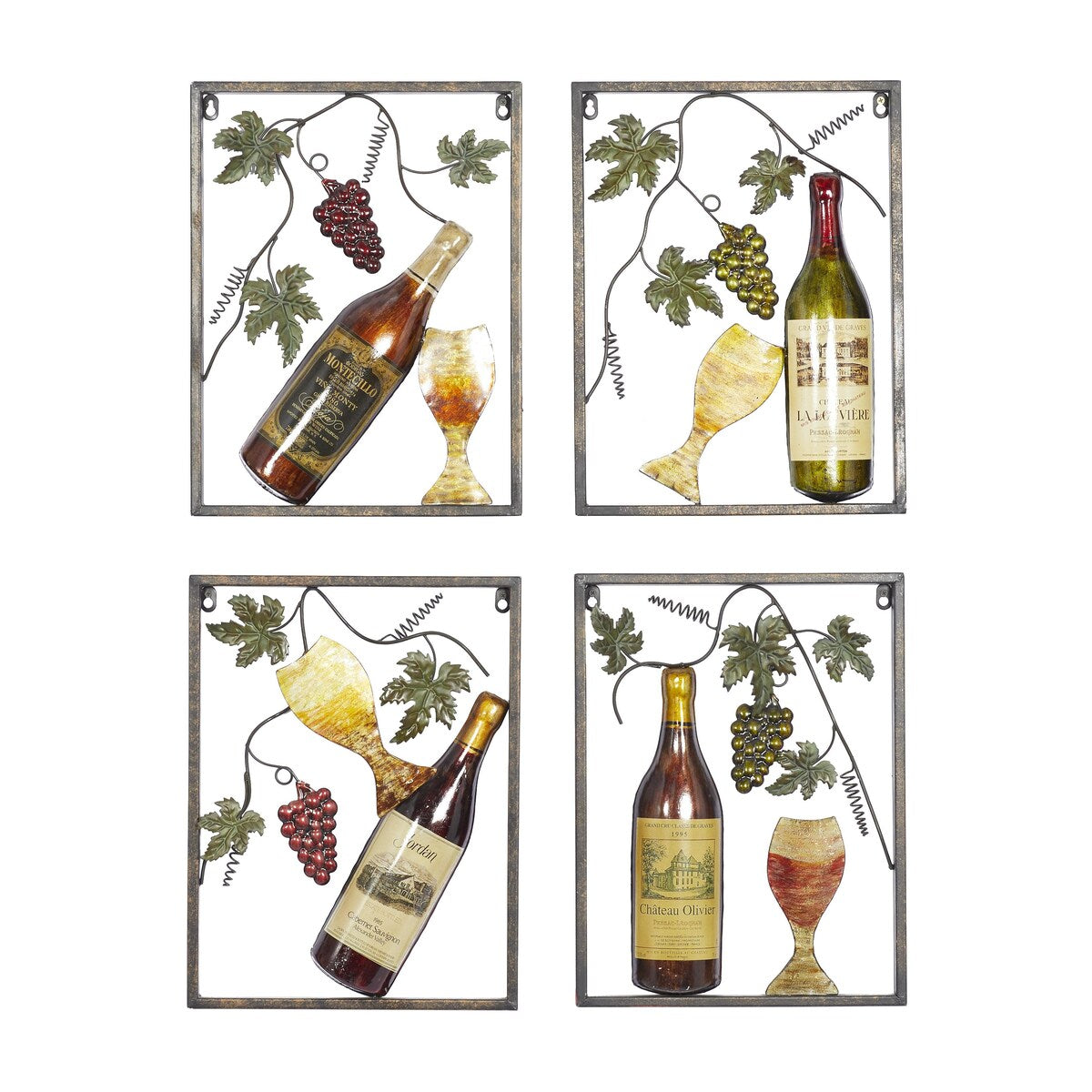 Metal Wine Home Wall Decor with Grapes Detailing - Set of 4 Multi Colored - Roche River Decor