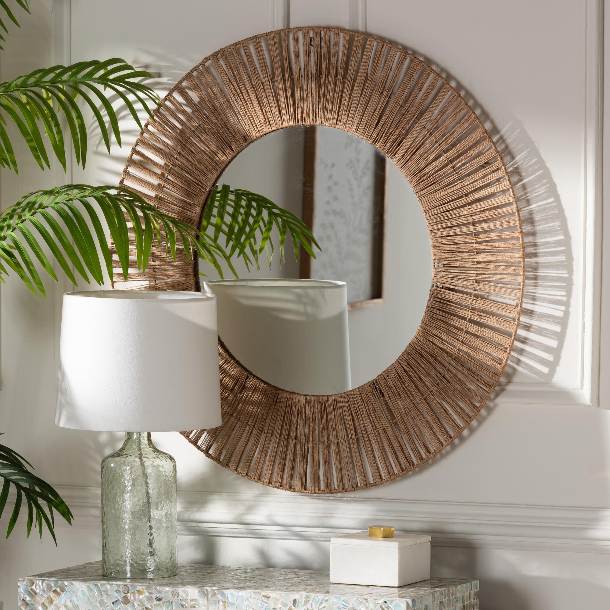 Leala Modern Bohemian Metal and Natural Brown Seagrass Accent Wall Mirror - Natural Brown