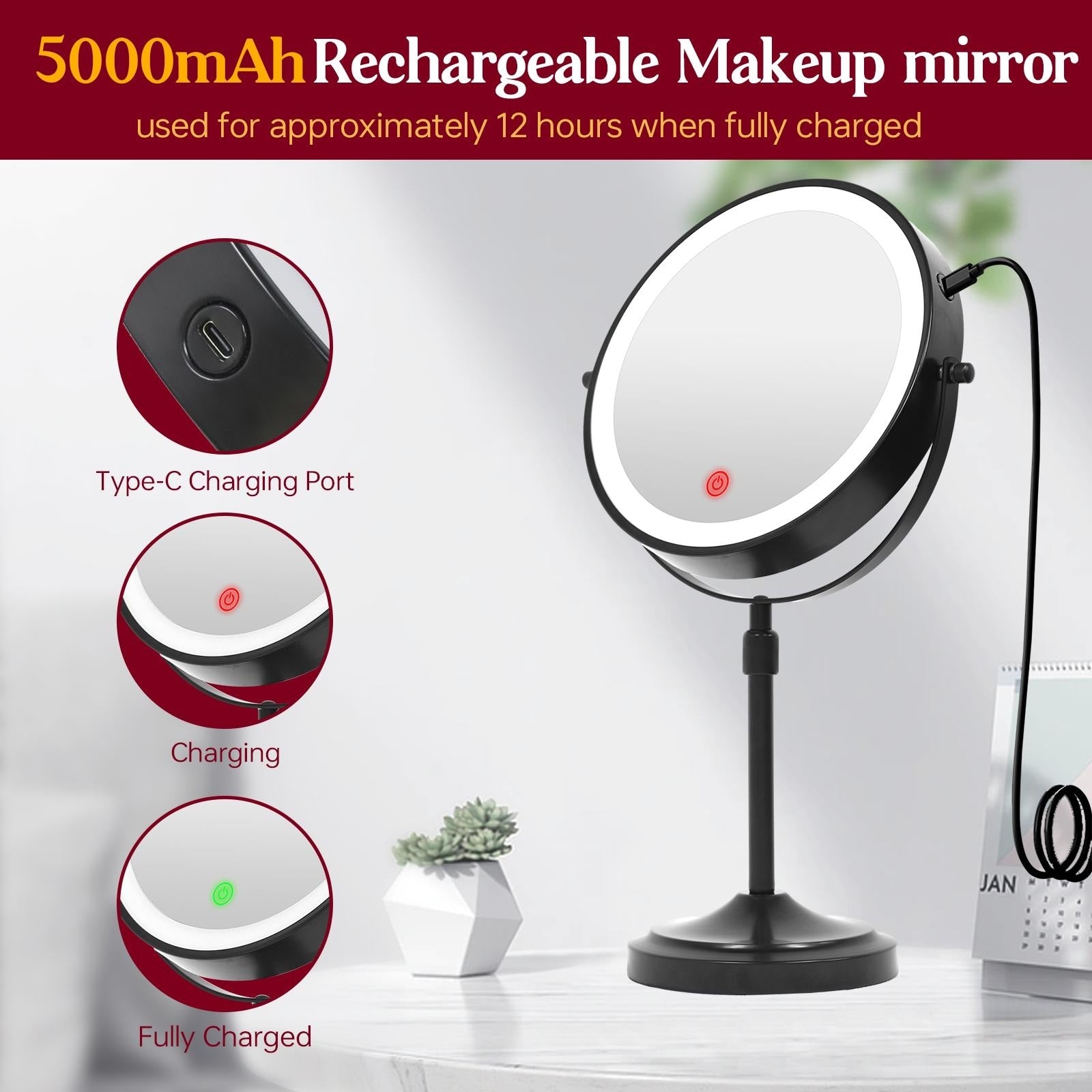 9 LED Lighted Makeup Mirror,Double Sided Magnification Mirror with 1X/10x Magnification,3 Lighting Color