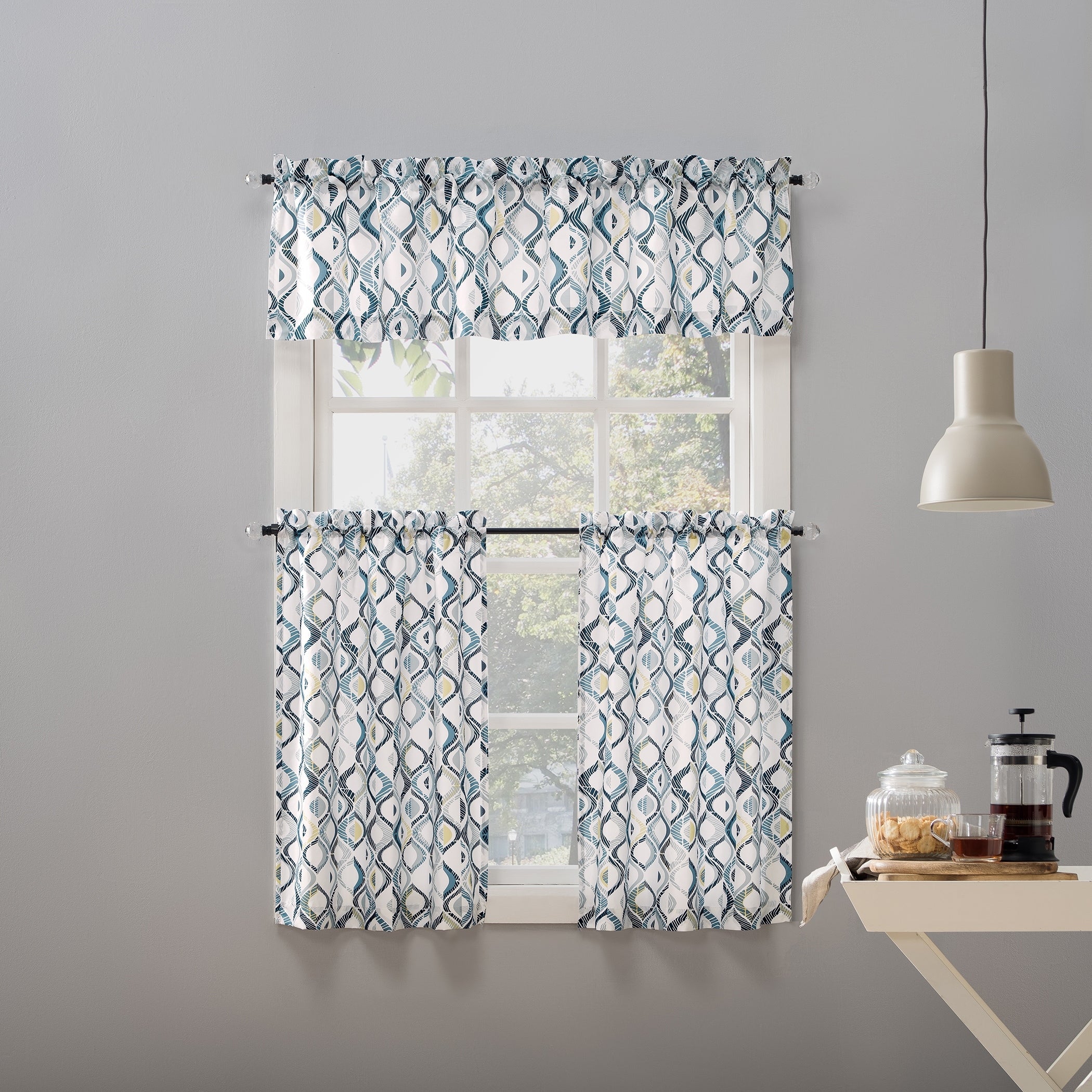 No. 918 Barker Geometric Semi-Sheer Rod Pocket Kitchen Curtain Valance and Tiers Set