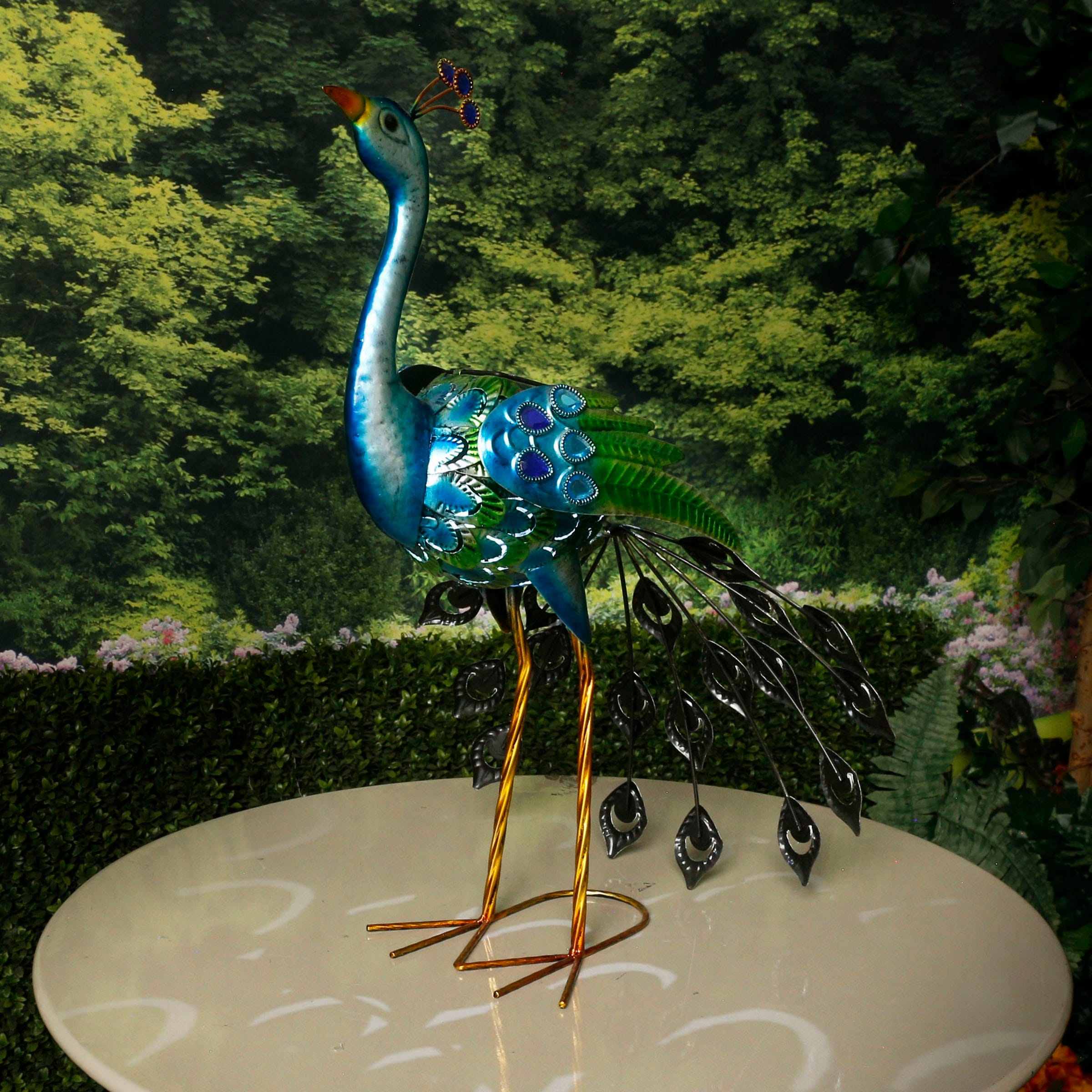 Alpine Corporation 23 Tall Outdoor Metallic Peacock Tail Spread Yard Statue Decoration, Multicolor