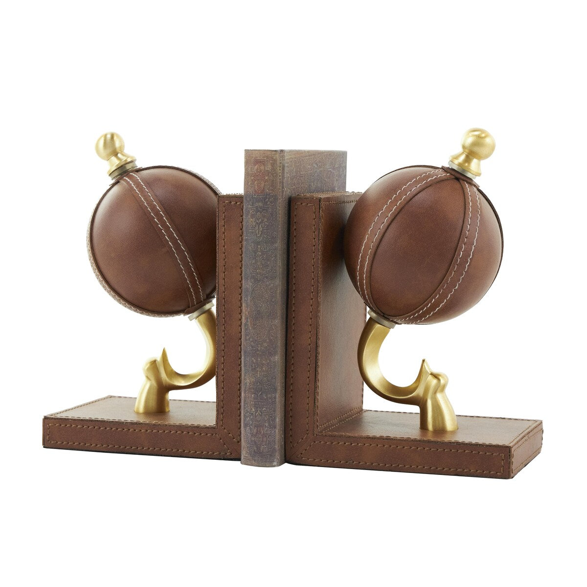 Leather Globe Handmade Stitched Decorative Bookends with Brown Wood Base - Set of 2 Brown - Roche River Decor