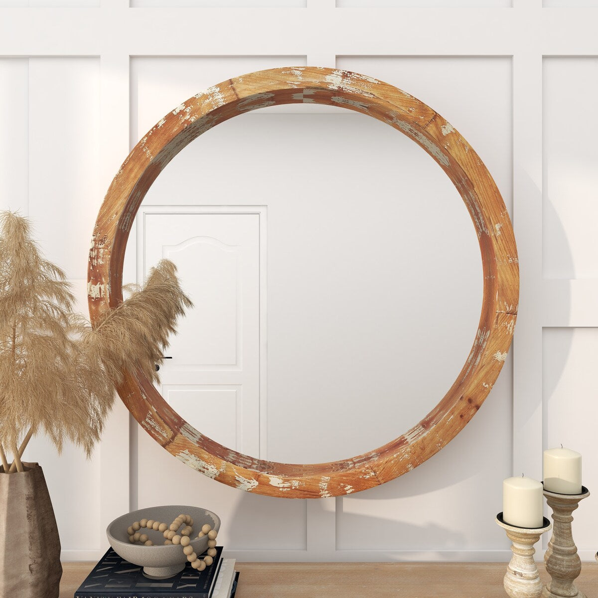 Wood Room Wall Mirror with Cream Distressing - Brown - Roche River Decor