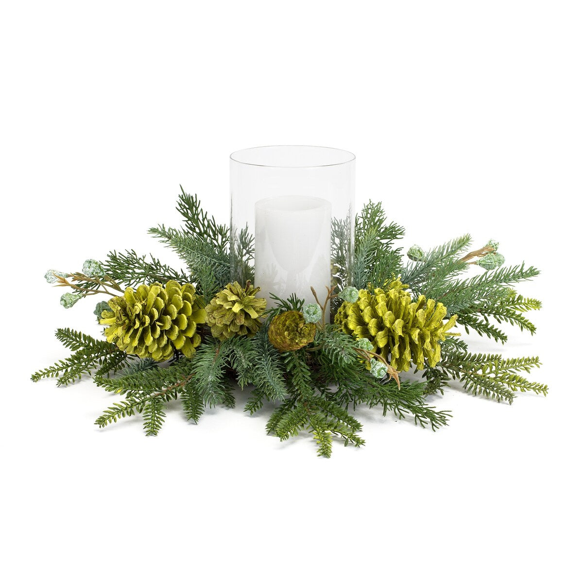 Mixed Winter Pine Cone Candle Holder with Glass Hurricane 18D - Green; Clear