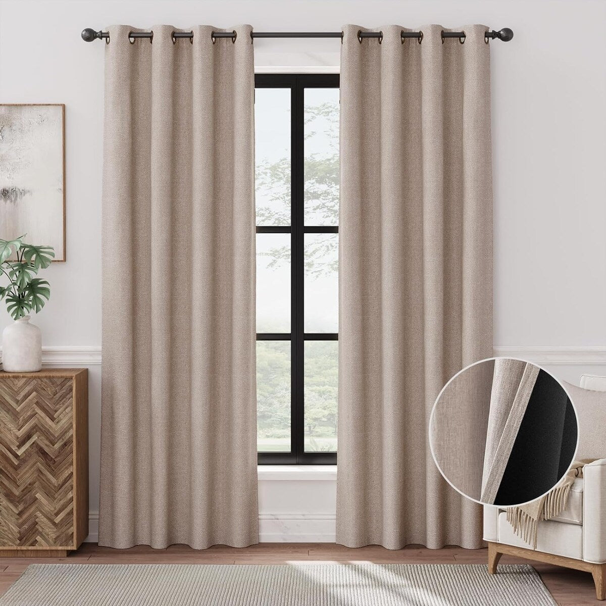 90% Blackout Faux Linen Curtains Thermal Insulated Room Darkening Curtains, 2 Panels Set, Grommet Top Window Treatments