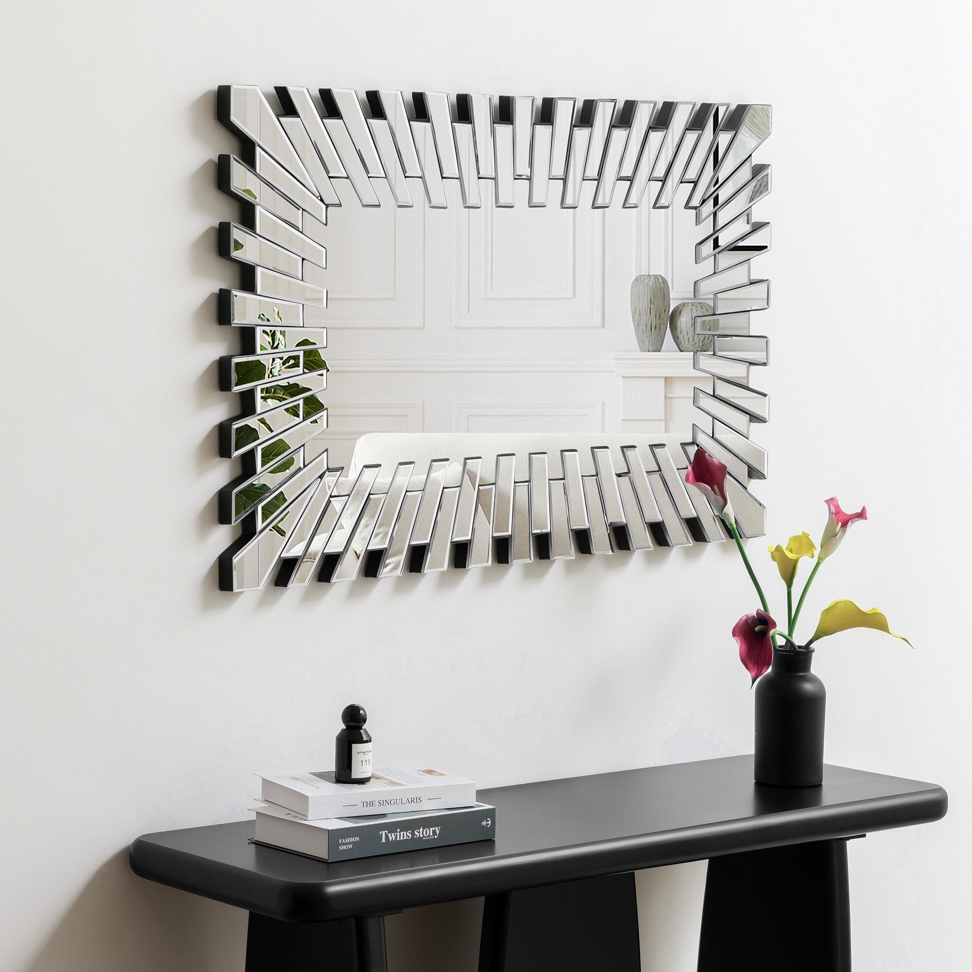 Rectangle Accent Wall Mirror Sunburst Silver Decor